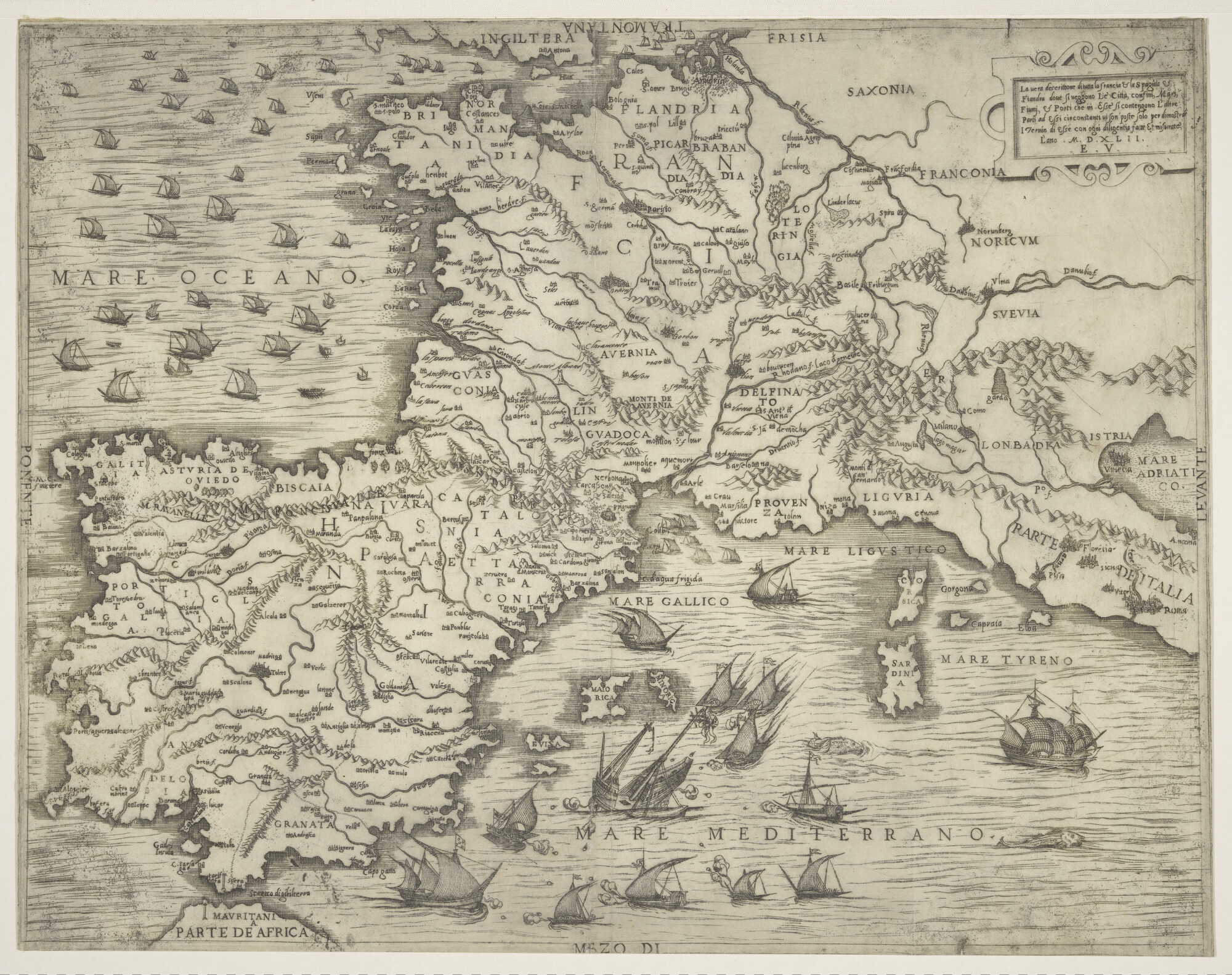 A.0145(197)01; Kaart van zuidwest Europa met Frankrijk, Spanje, door Eneas Vico, 1542; landkaart