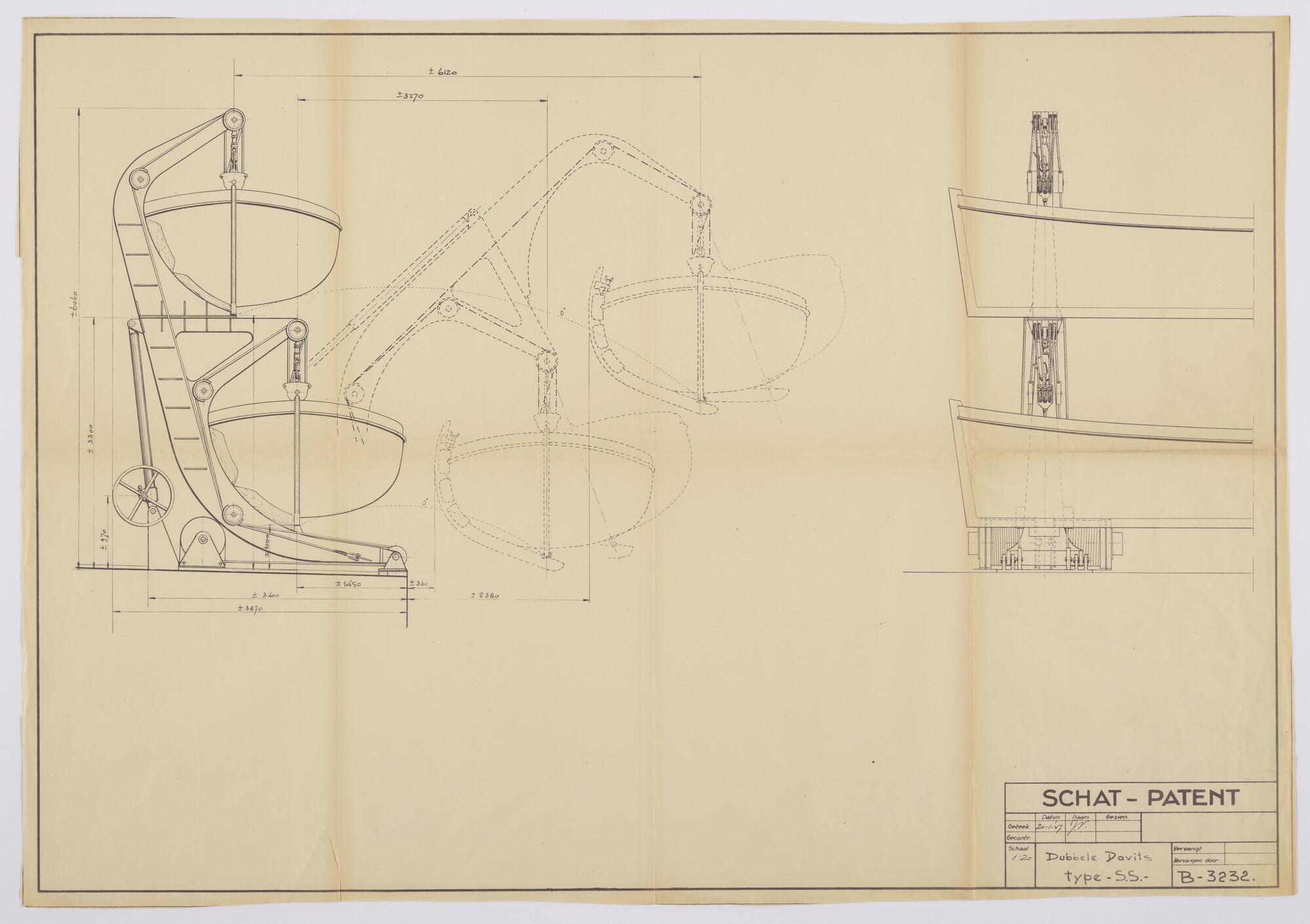 2015.5210; Het plaatsen van twee sloepen boven elkaar in davits type S.S. met het Schat-Patent; technische tekening