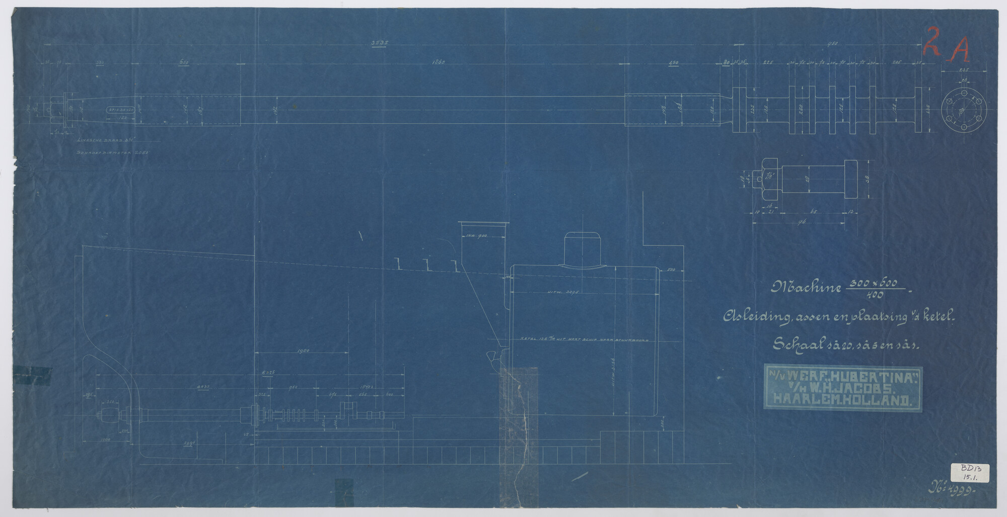 S.5181(498); Asleiding, assen en plaatsing ketel van de zeelichter nummer 1 'Soerabaia'; technische tekening
