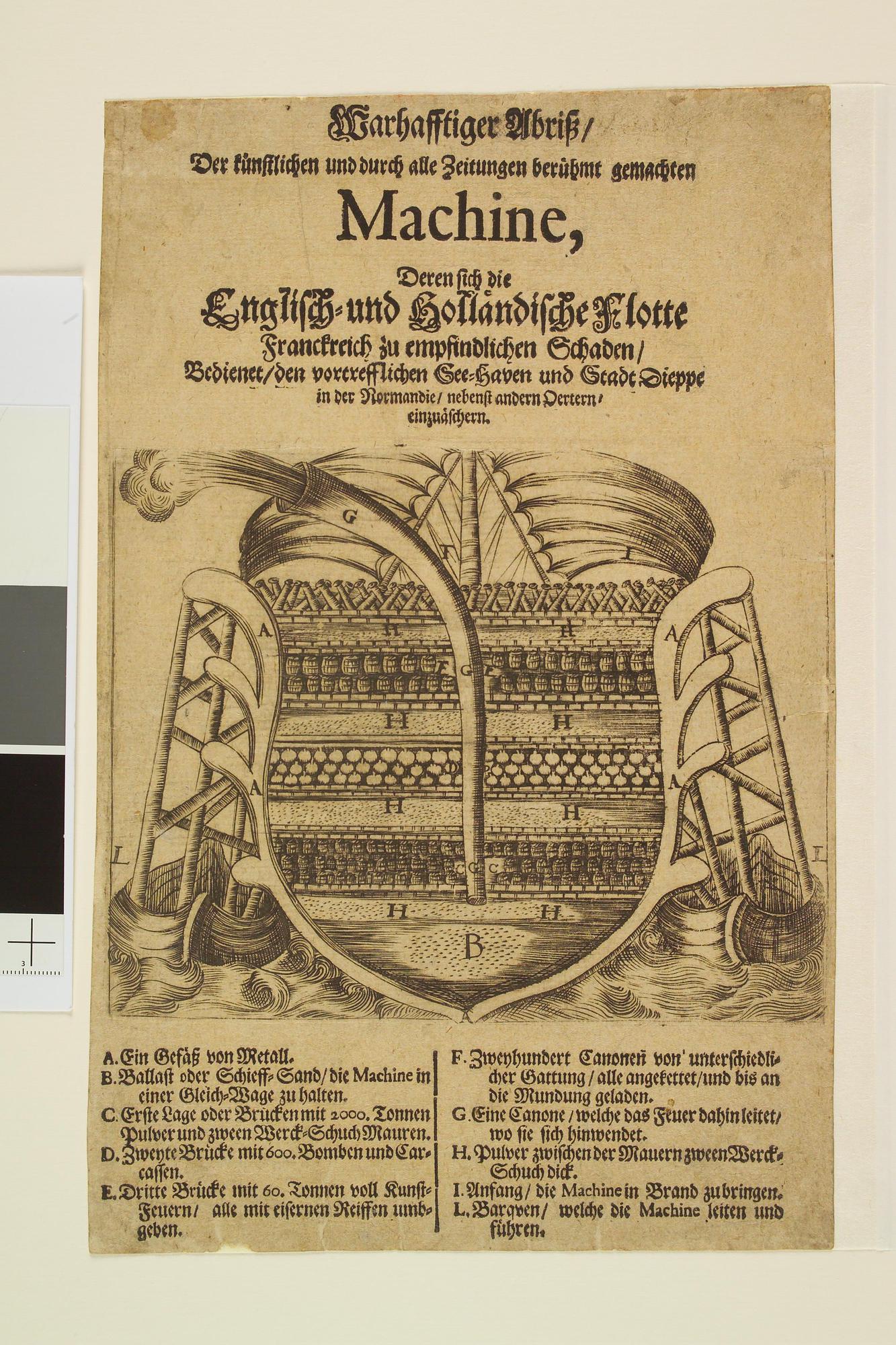 A.0856(02); Machine waarmee de Engelsen en de Nederlanders de stad Dieppe beschoten, 1694; prent