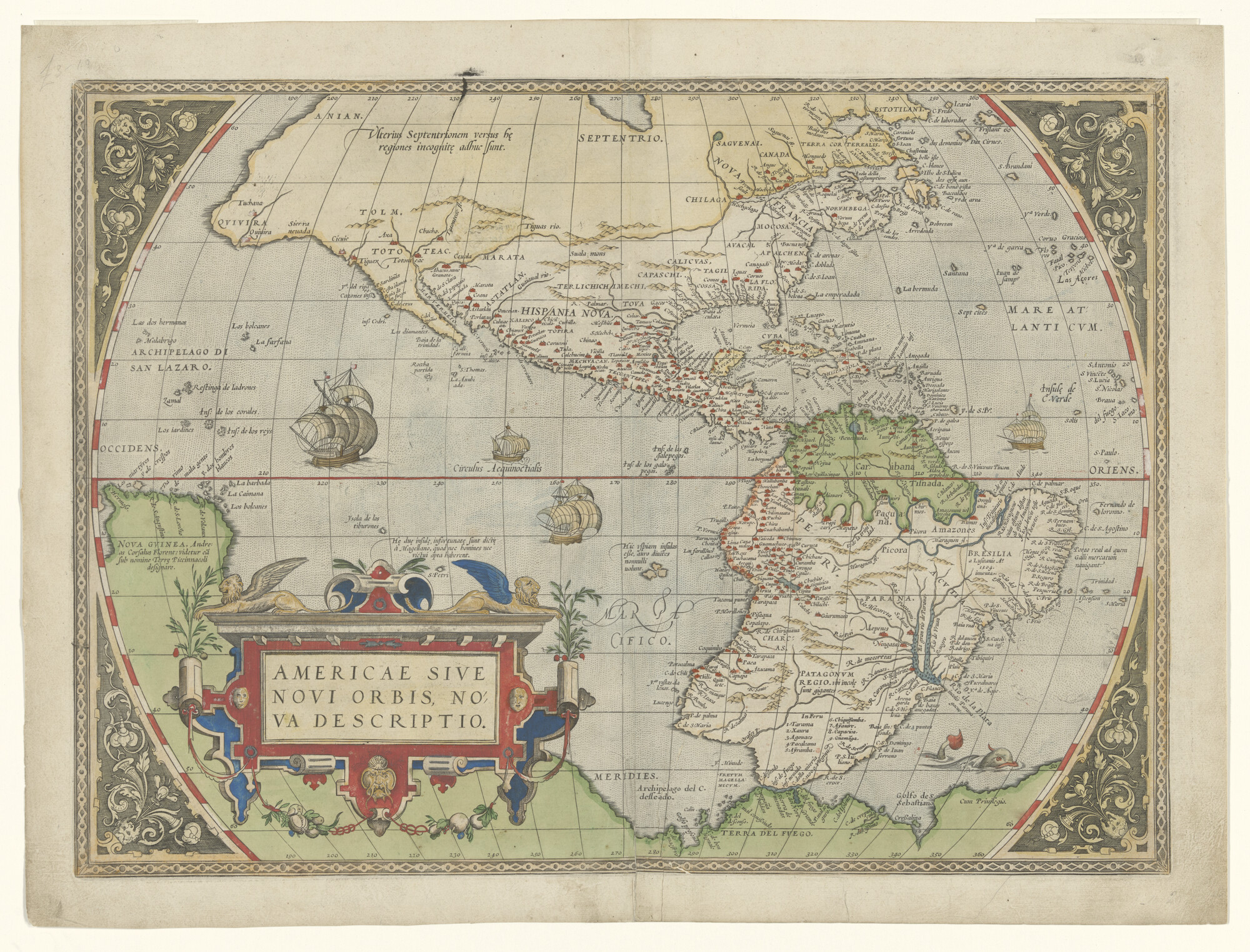 A.0145(197)06; Met de hand gekleurde kaart van Amerika door Abraham Ortelius uit Theatrum Orbis Terrarum, 1571; landkaart