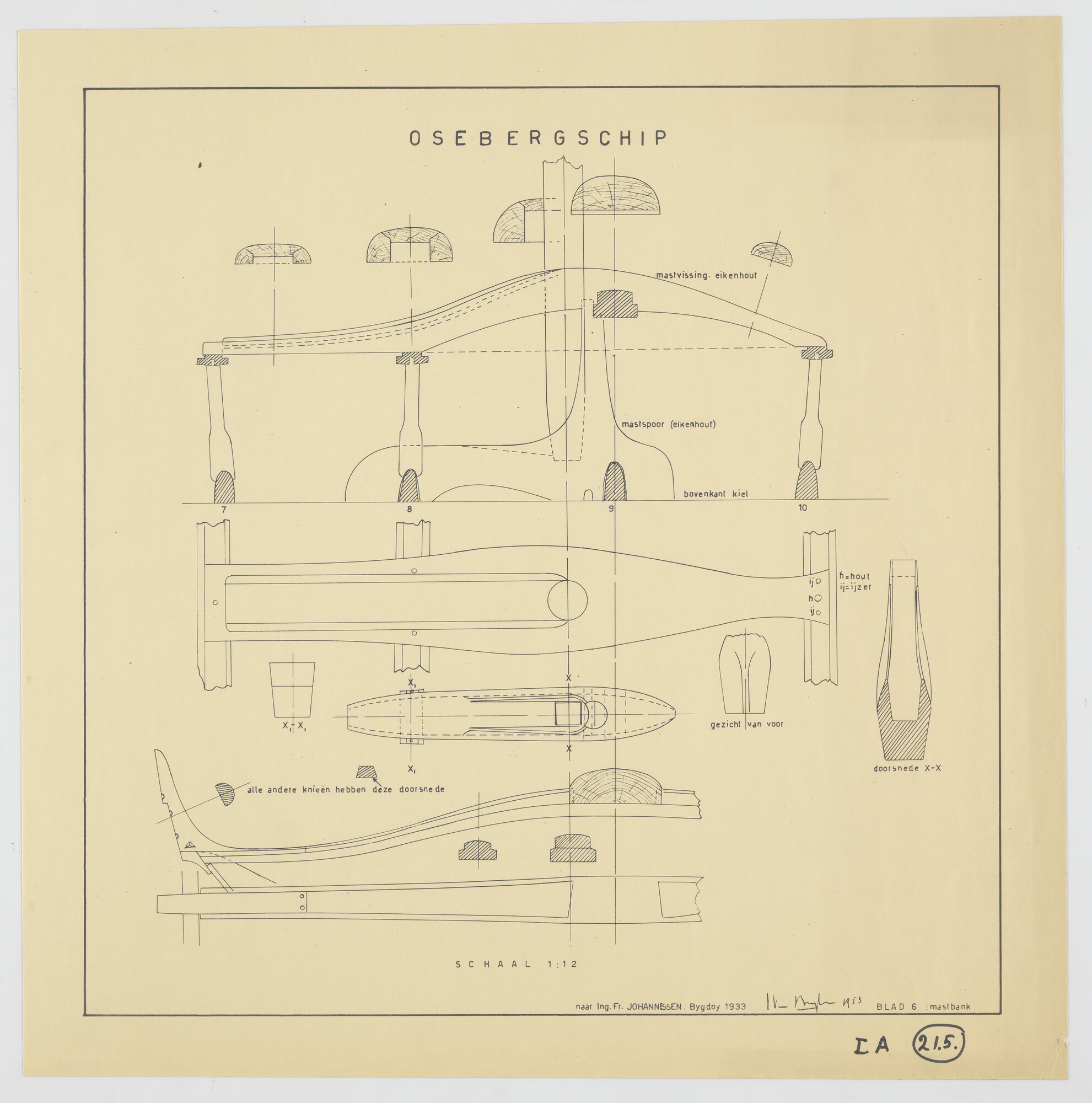 A.3154(06); Reconstructietekening van het 'Osebergschip'; technische tekening