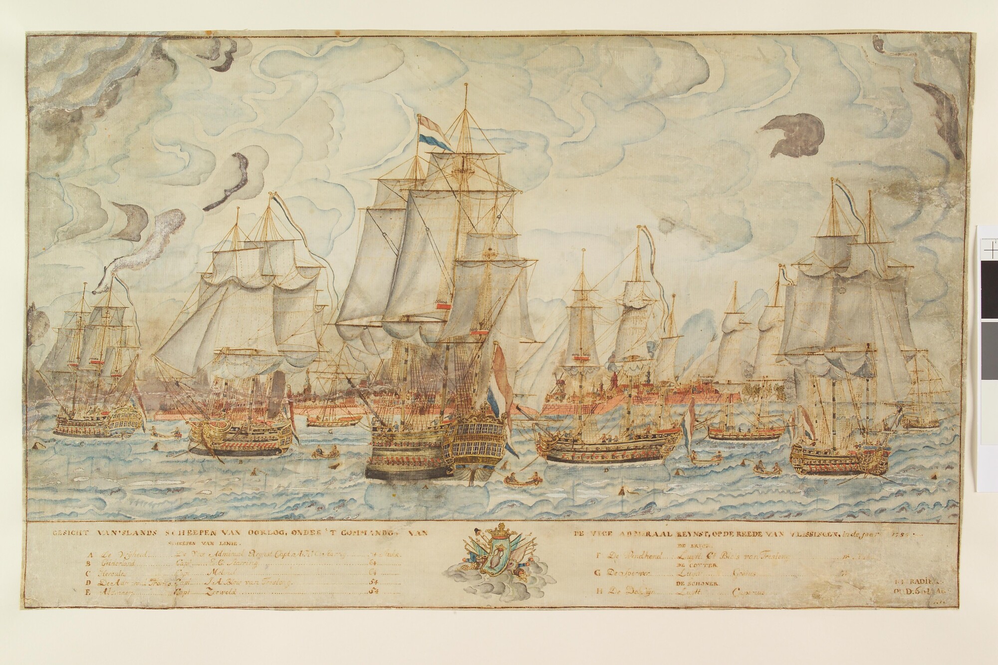 S.2989(02); De Nederlandse oorlogsvloot, onder commando van de vice-admiraal Reijnst, op de rede van Vlissingen in 1784; tekening