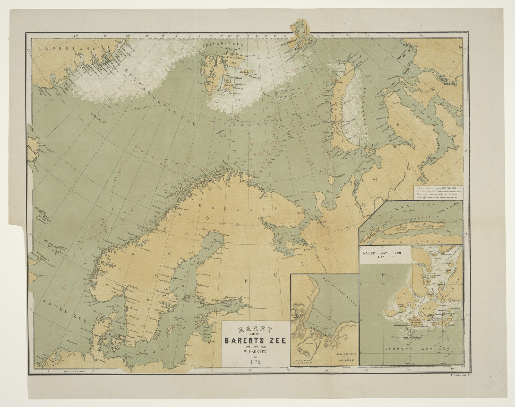 1998.3445; Kaart van de Noordelijke IJszee met de reisroute van de Nederlandse poolschoener 'Willem Barents' in 1879; kaart