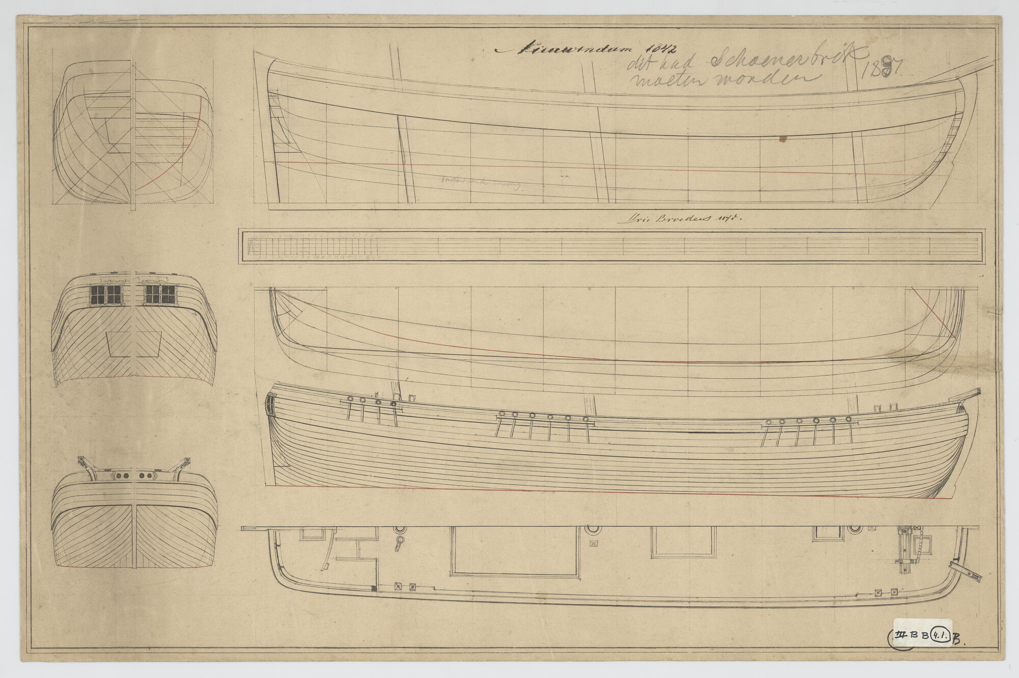S.1156(05)0153; Lijnenplan van de driemastgaljoot 'Drie Gebroeders'; technische tekening