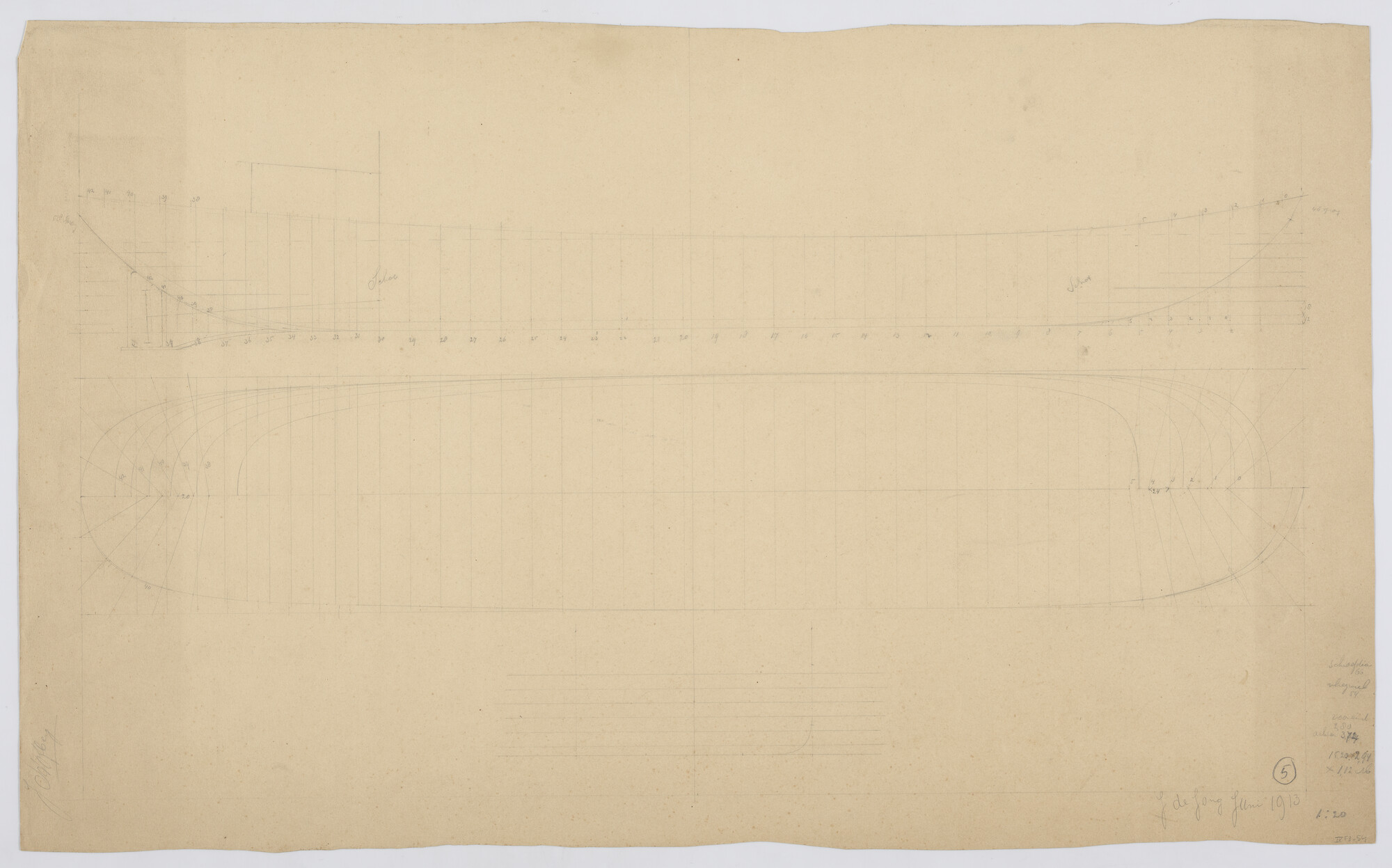 S.1225(03)11; Lijnentekening van een motorvlet of motorkagenaar, juni 1913; technische tekening