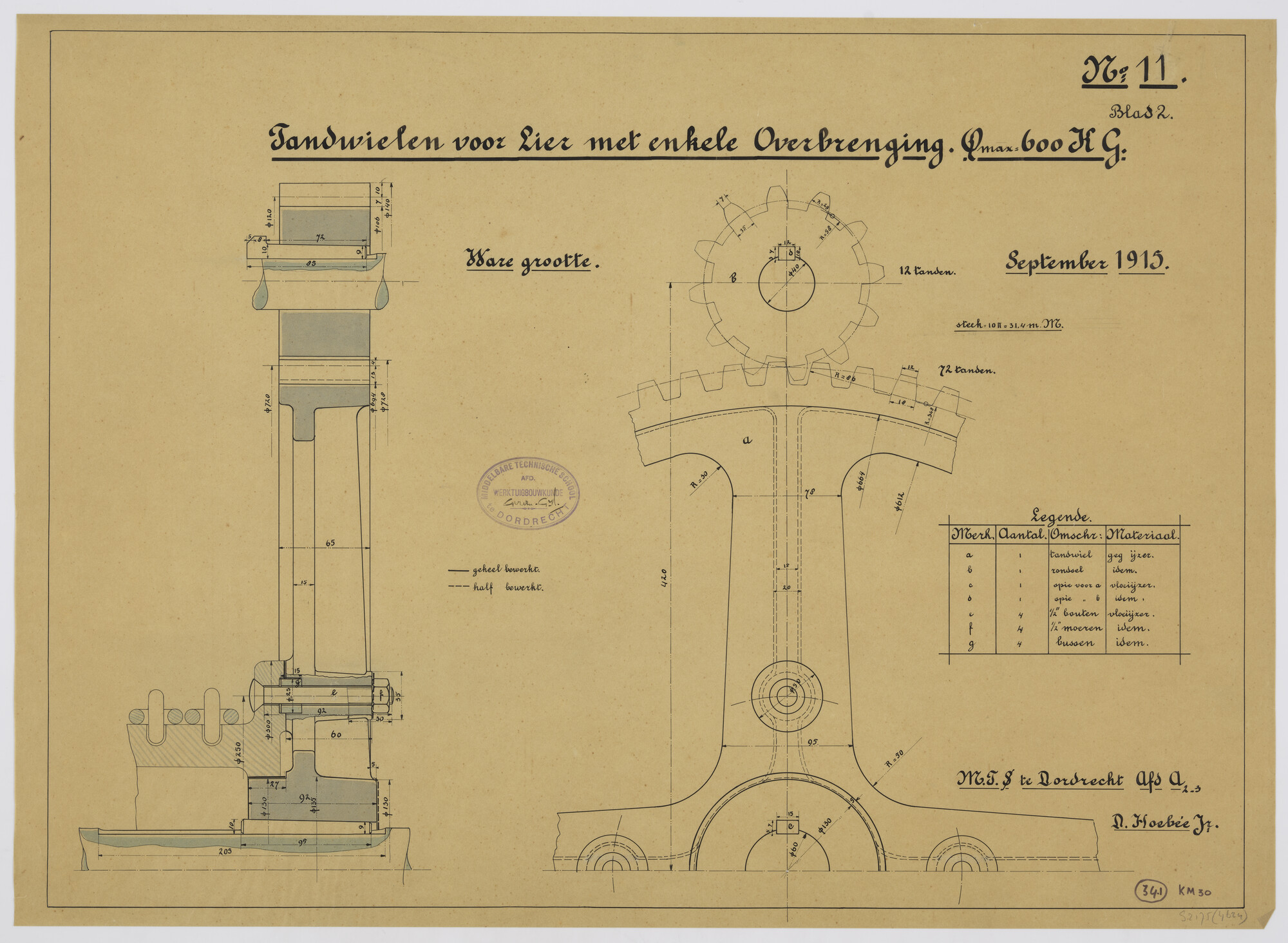S.2175(4624); Tandwielen voor lier met enkele overbrenging; technische tekening