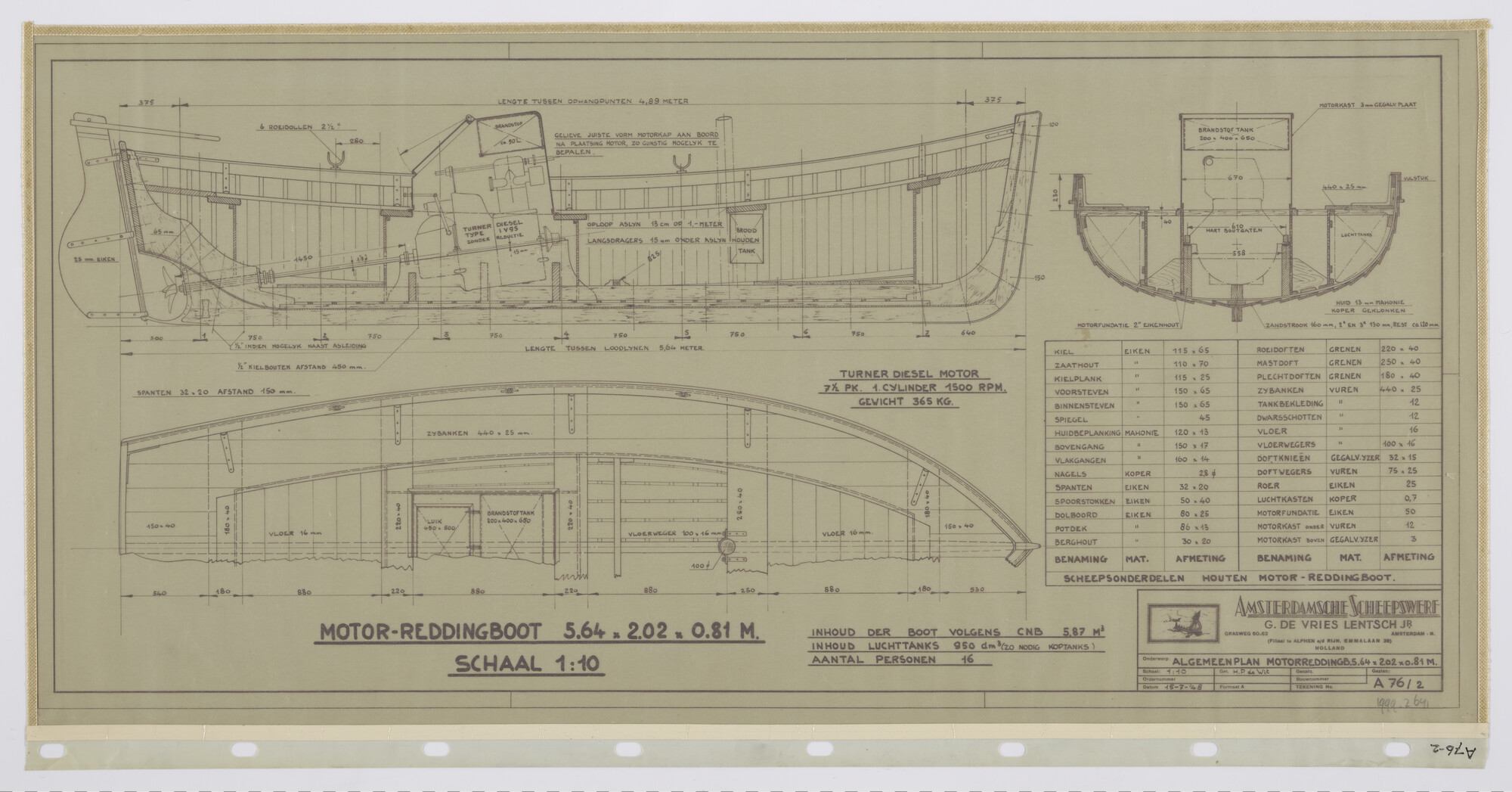 1999.2641; Algemeen plan van een reddingboot voor 20 personen; technische tekening