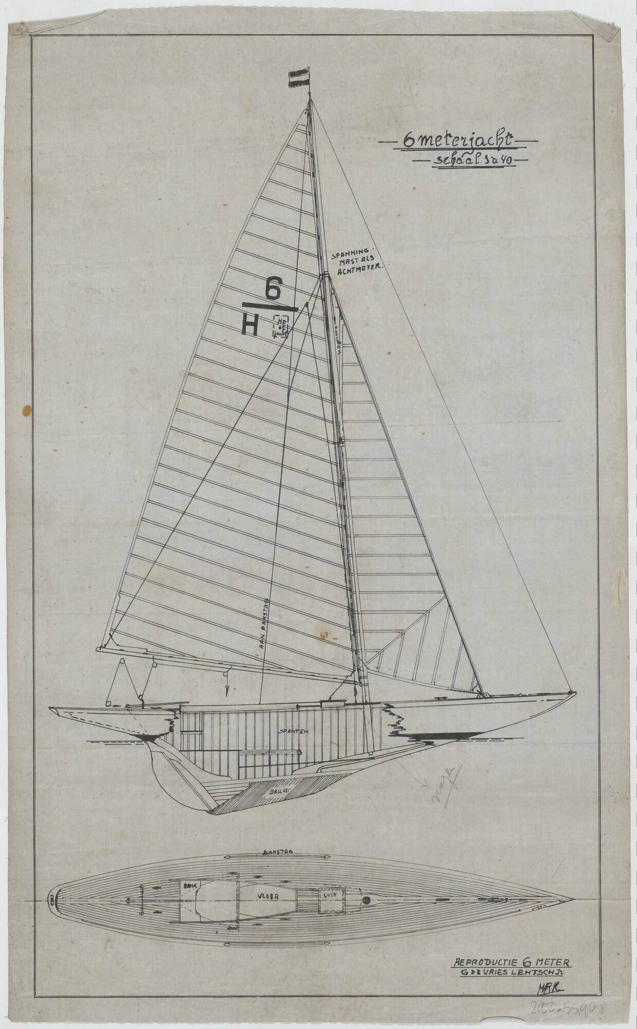 2000.5590; Algemeen plan van een zesmeterjacht gebruikt voor de productie van bronzen [...]; technische tekening