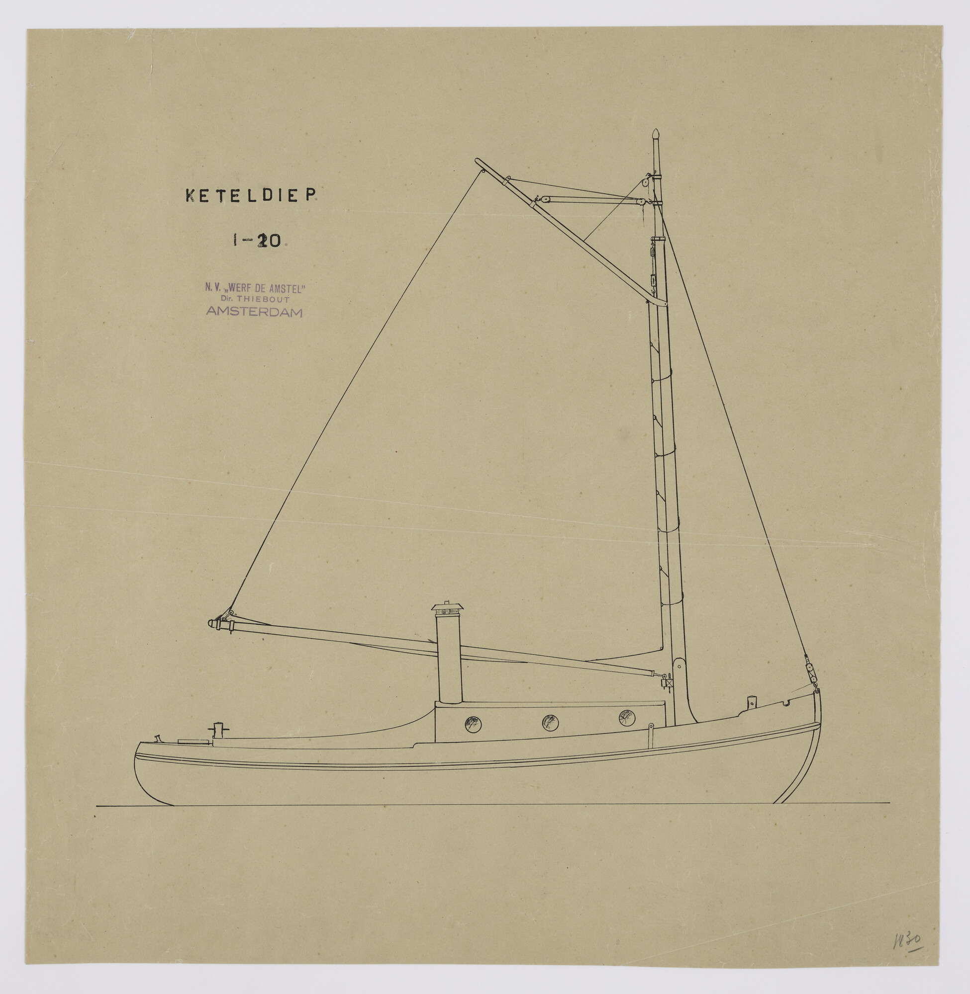 2012.1208; Algemeen plan van de motorboot met zeilvermogen 'Keteldiep' van 8 meter; technische tekening