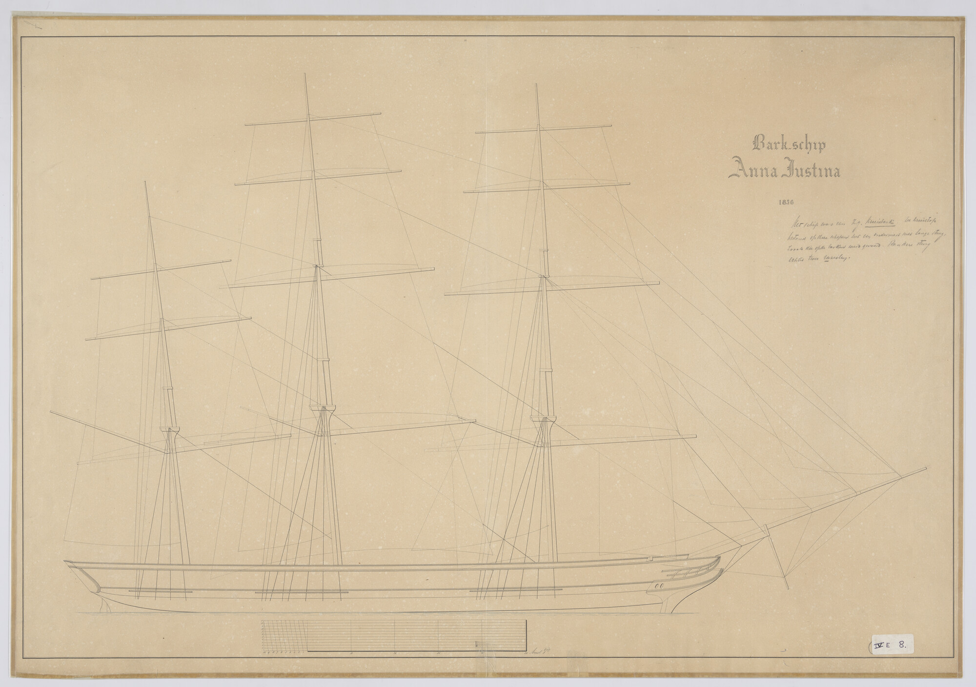 A.0149(0962); Zijaanzicht met tuig en zeilplan van het barkschip Anna Justina; technische tekening