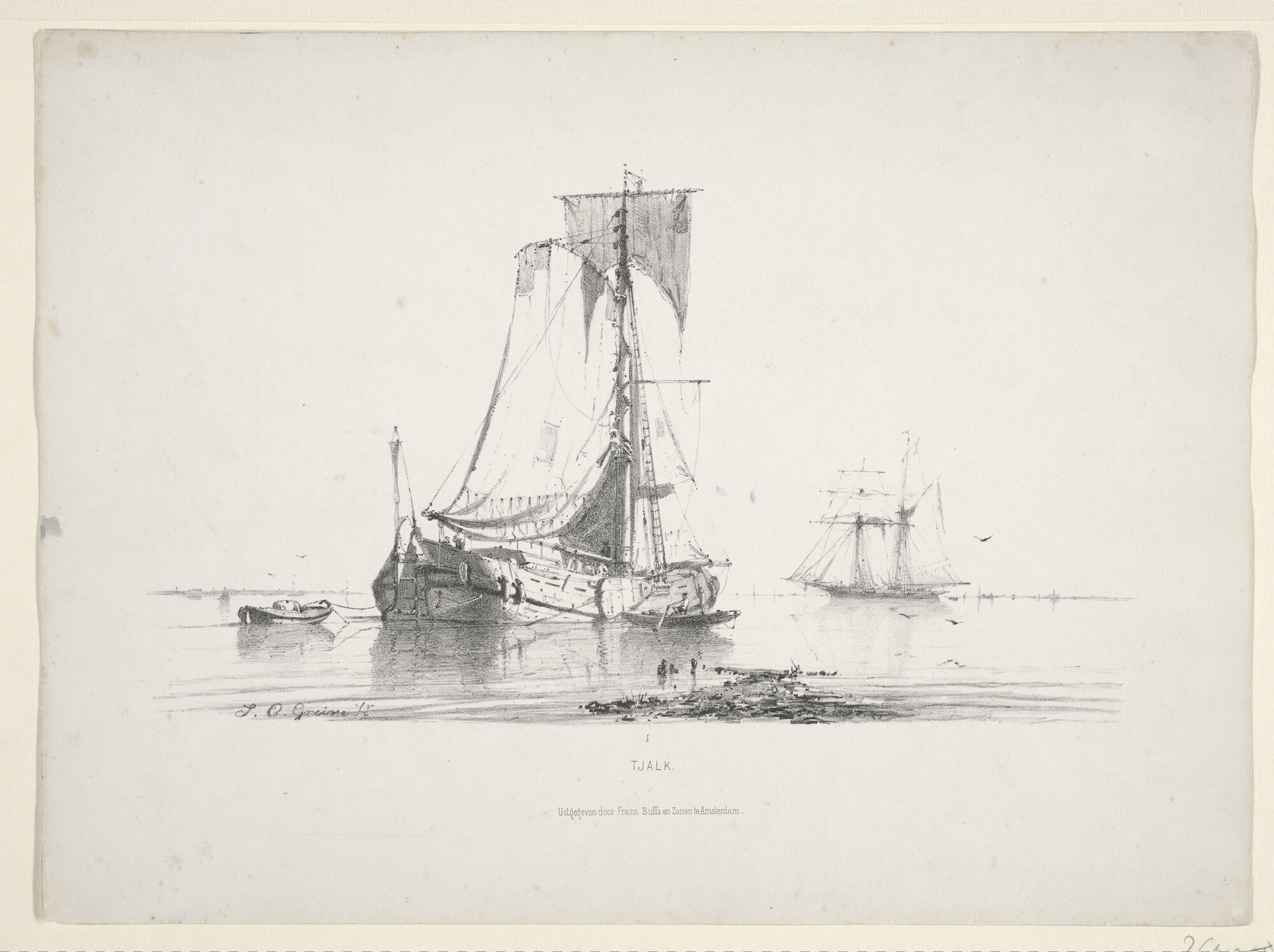 S.1330(01); Prentserie 'Studien van Hollandsche Schepen', nummer 1: een tjalk voor anker op stil water; prent