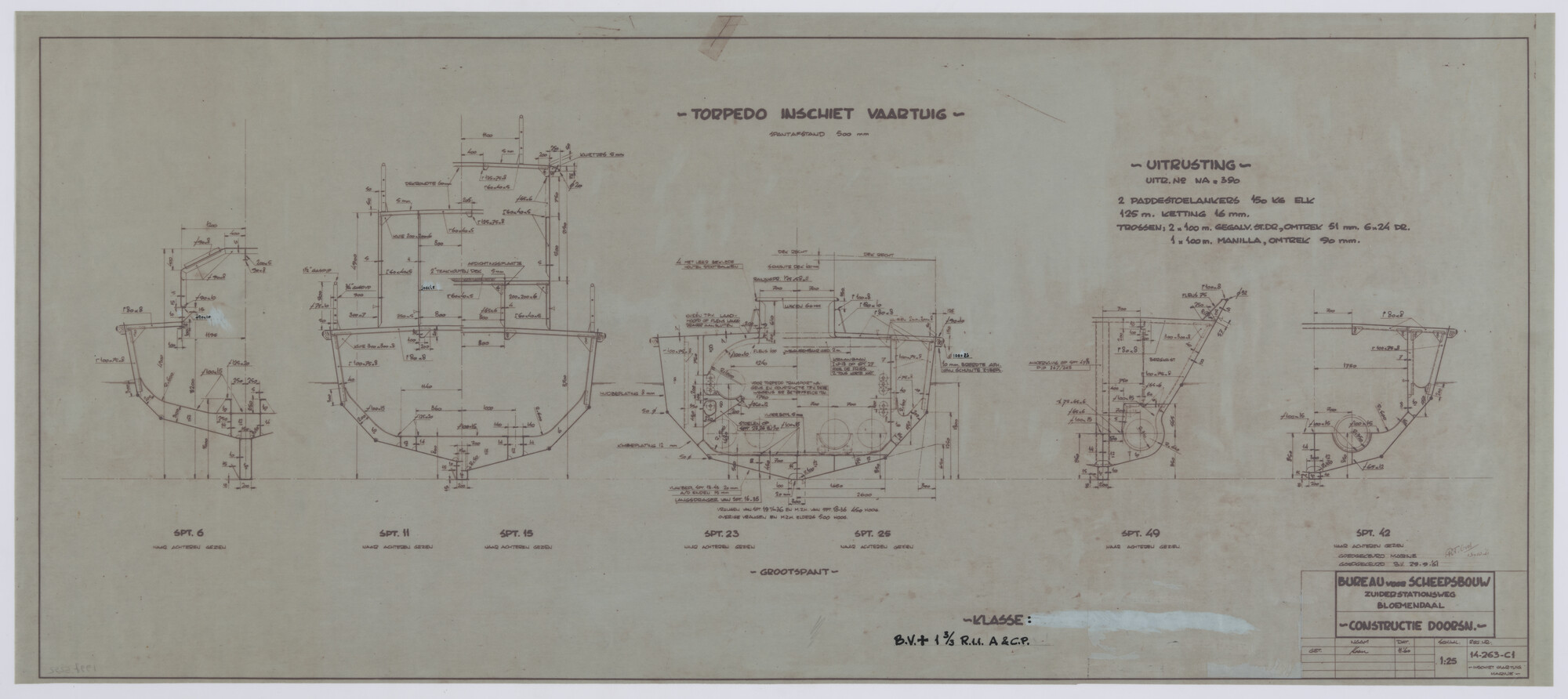 1997.5252; Grootspant van het torpedo-inschietvaartuig Hr.Ms. 'Van Bochove'; technische tekening