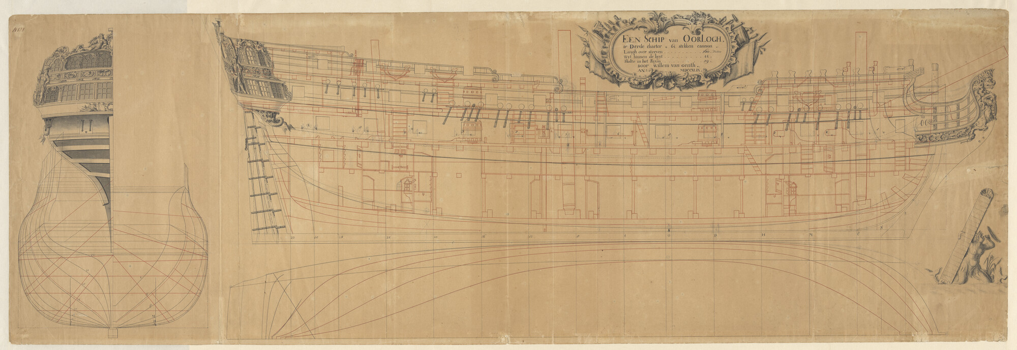 A.0149(0878); Lijnenplan van een oorlogsschip van 64 stukken; technische tekening
