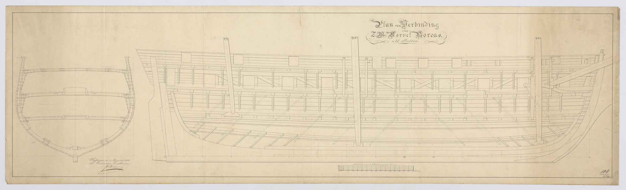 S.1214(0145); Constructieplan van het korvet Zr.Ms. 'Boreas' van 28 stukken; technische tekening