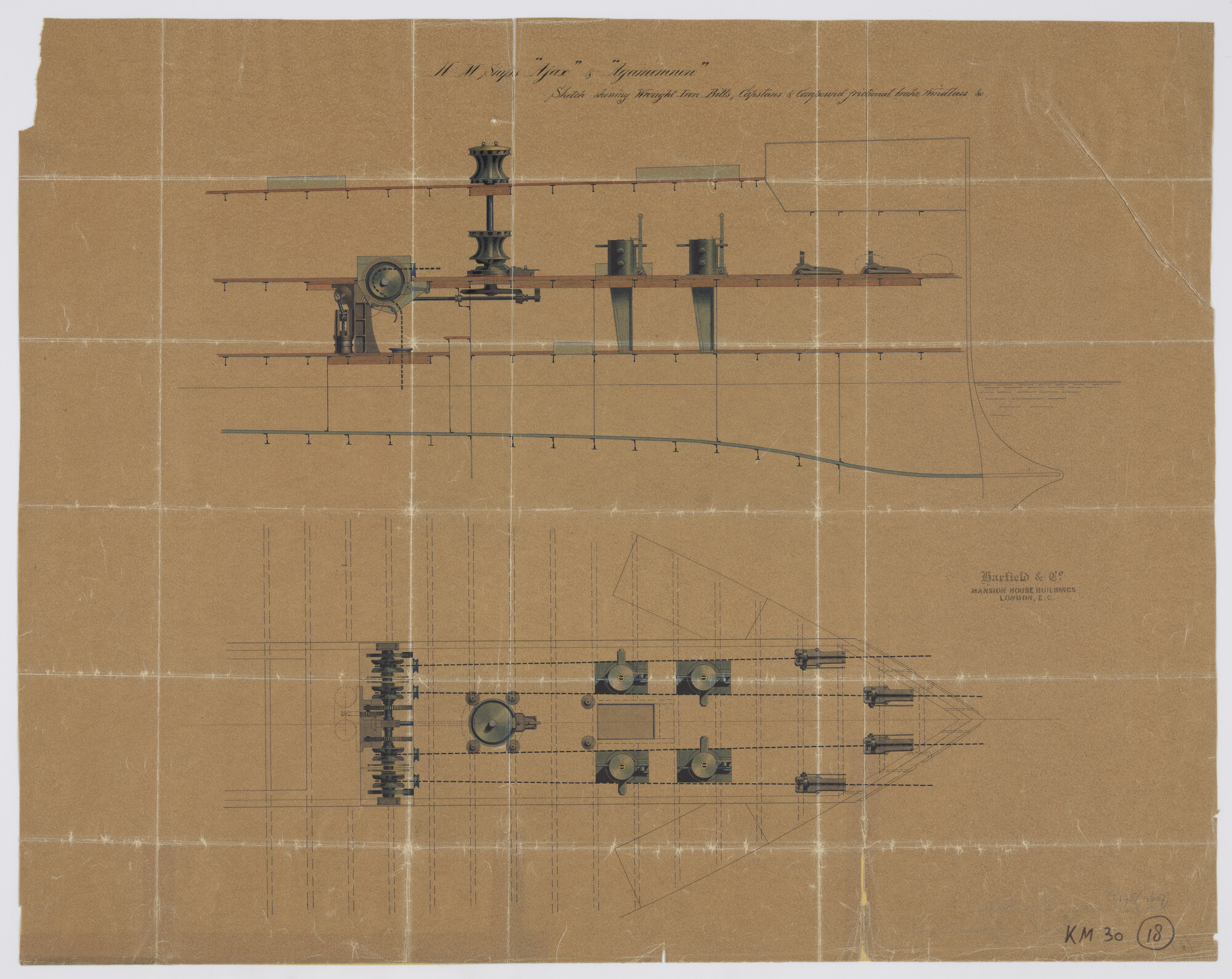 S.2175(4607); Ankerinrichting met o.m. ankermachine en dubbele verticaal geplaatse kaapstanders aan boord HMS 'Ajax' en 'Agamemnon'; technische tekening