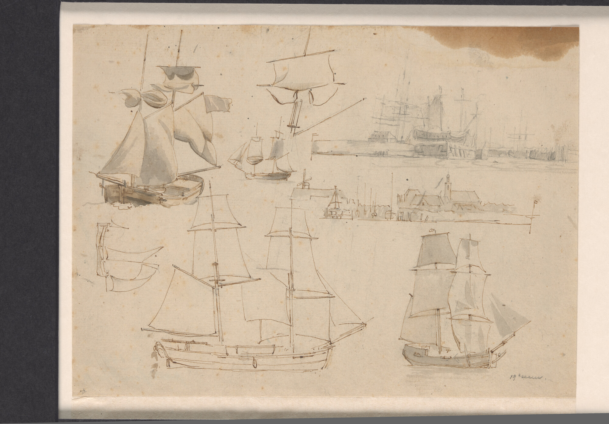 A.0149(0434); Studieblad met vier brikschepen en twee studies van de haven van Hellevoetsluis; tekening