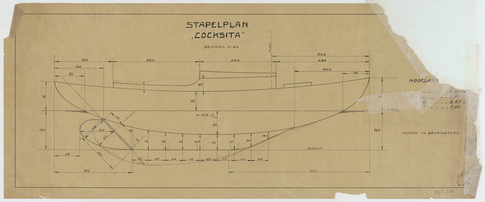1993.3123; Stapelplan yawl 'Cocksita I'; technische tekening