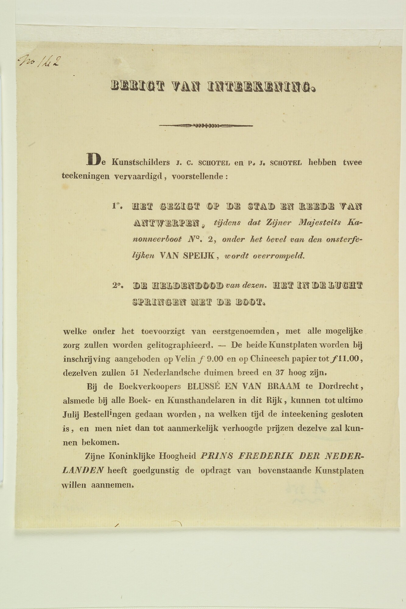 A.0356(57); Prospectus van de uitgave van twee prenten door J.C. Schotel en P.J. Schotel; drukwerk