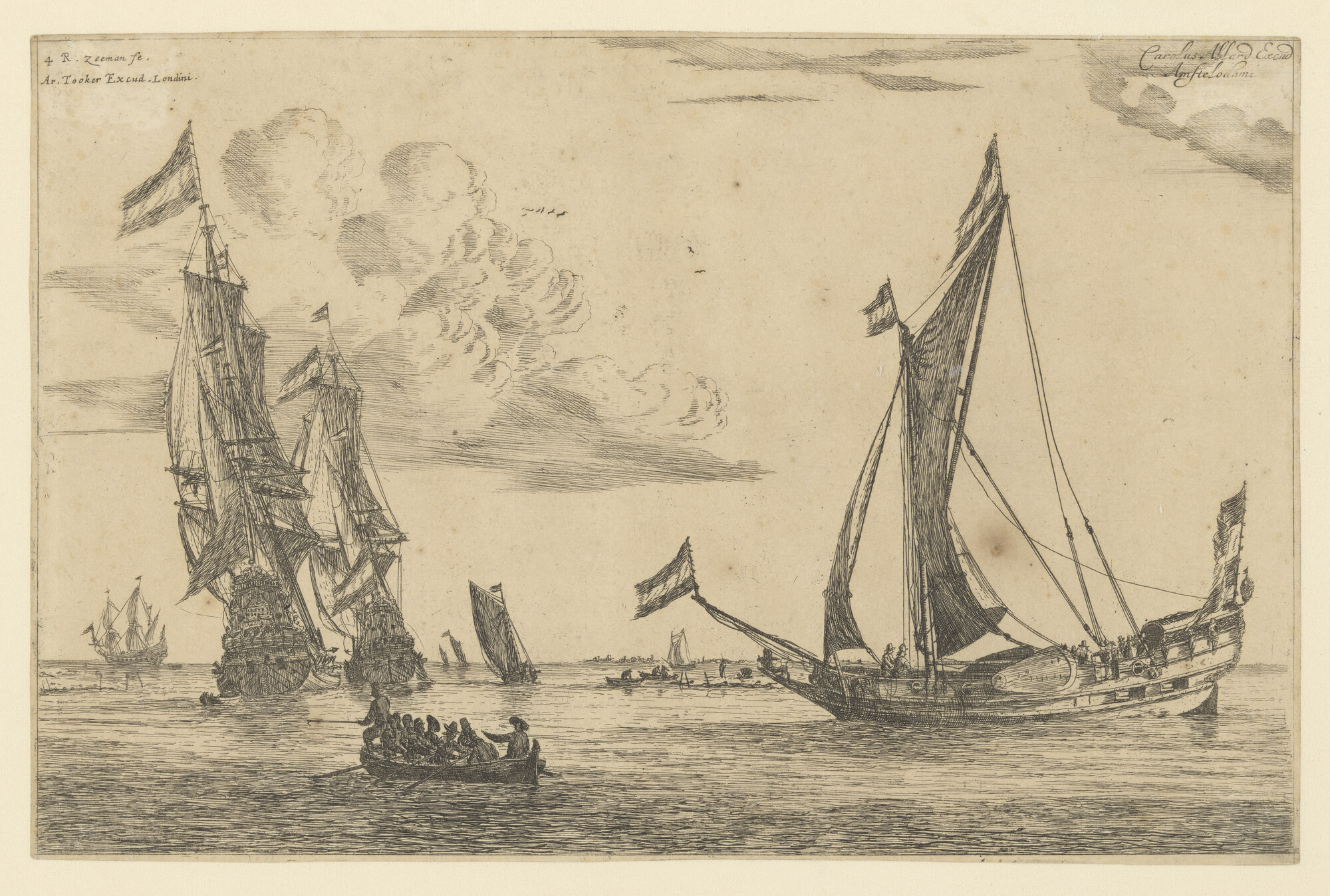 A.0149(0348); Oorlogsschepen en een spiegeljacht op een rede; prent