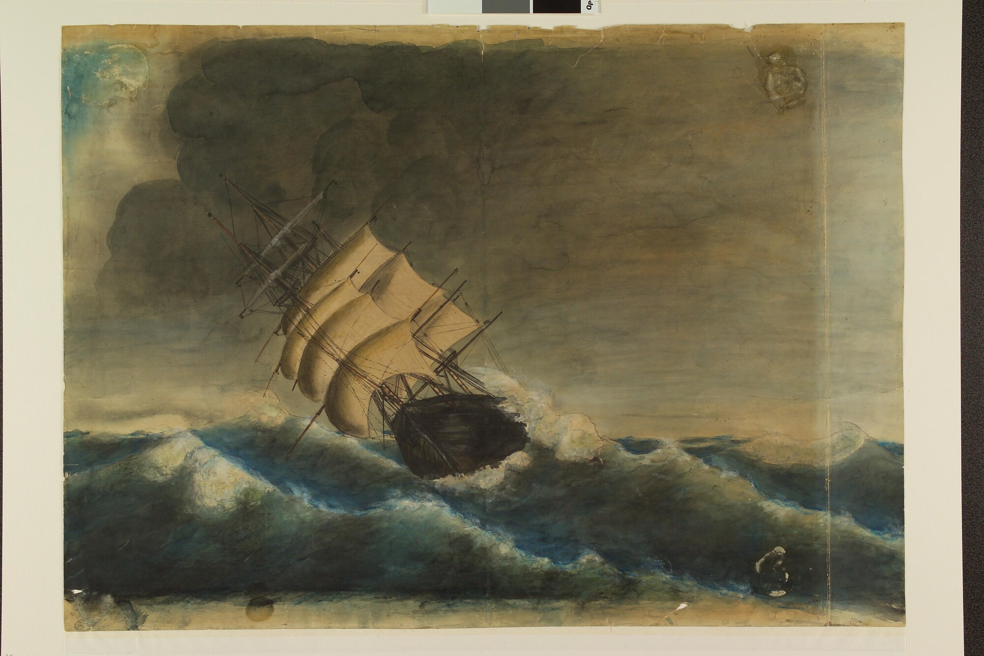 S.1715(02); Het klipperfregatschip 'Noach 2' in stormweer; tekening