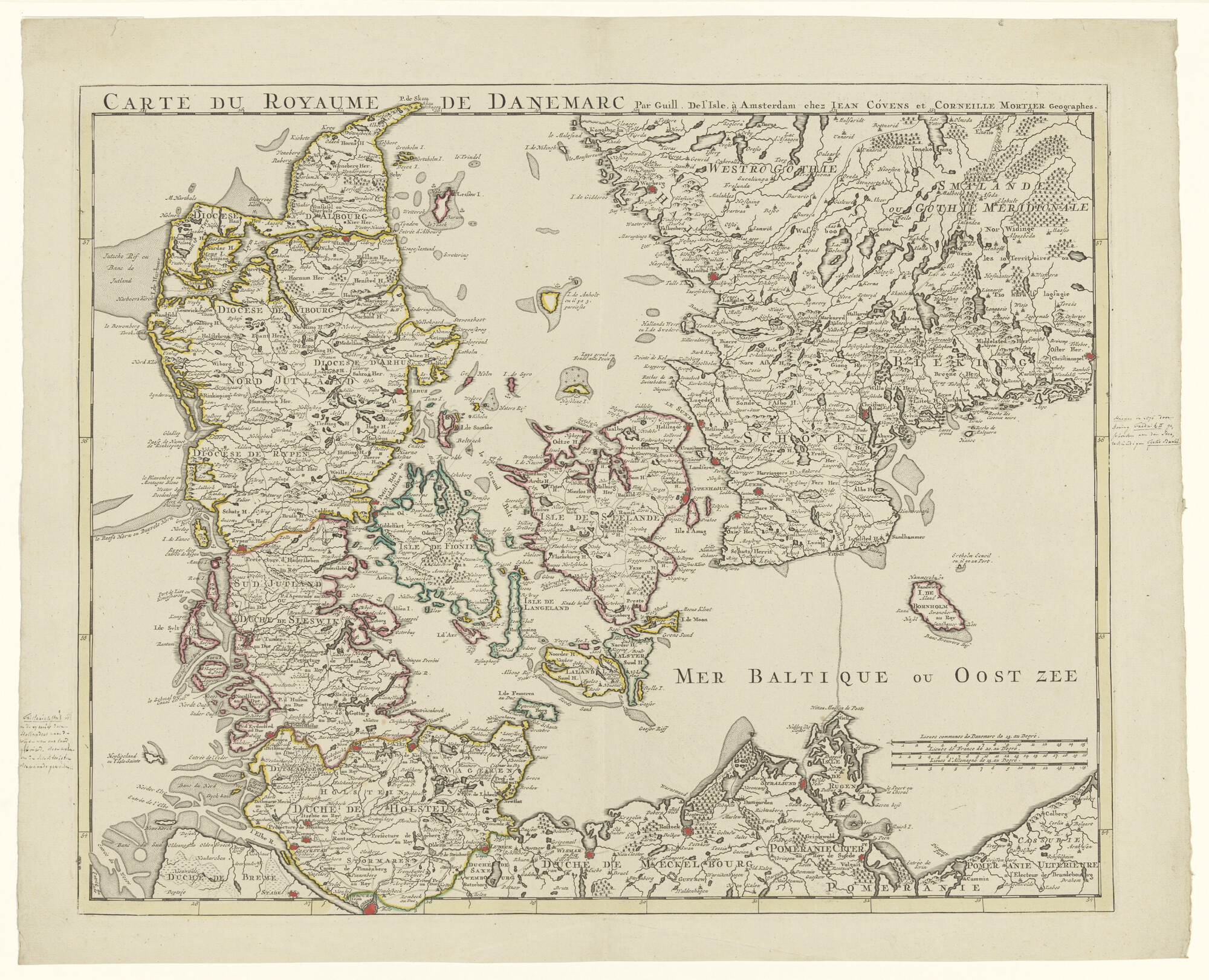S.0183(12); Met de hand gekleurde kaart naar Guillaume De l'Isle (1675-1726), van het koninkrijk Denemarken, uitgave Jan Covens en Cornelis Mortier, Amsterdam, circa 1730; landkaart