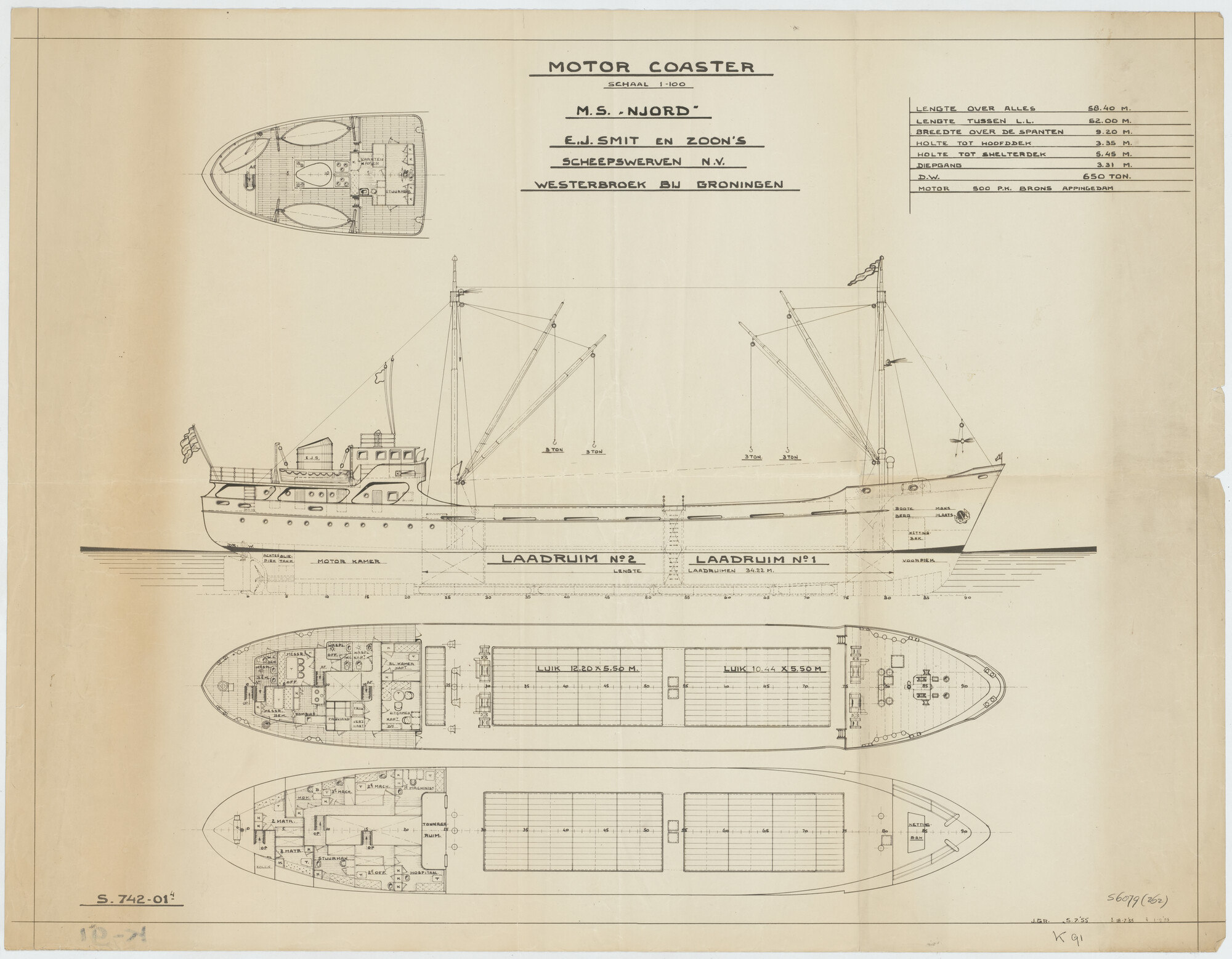S.6879(262); Algemeen plan van een de coaster ms. 'Njord'; technische tekening