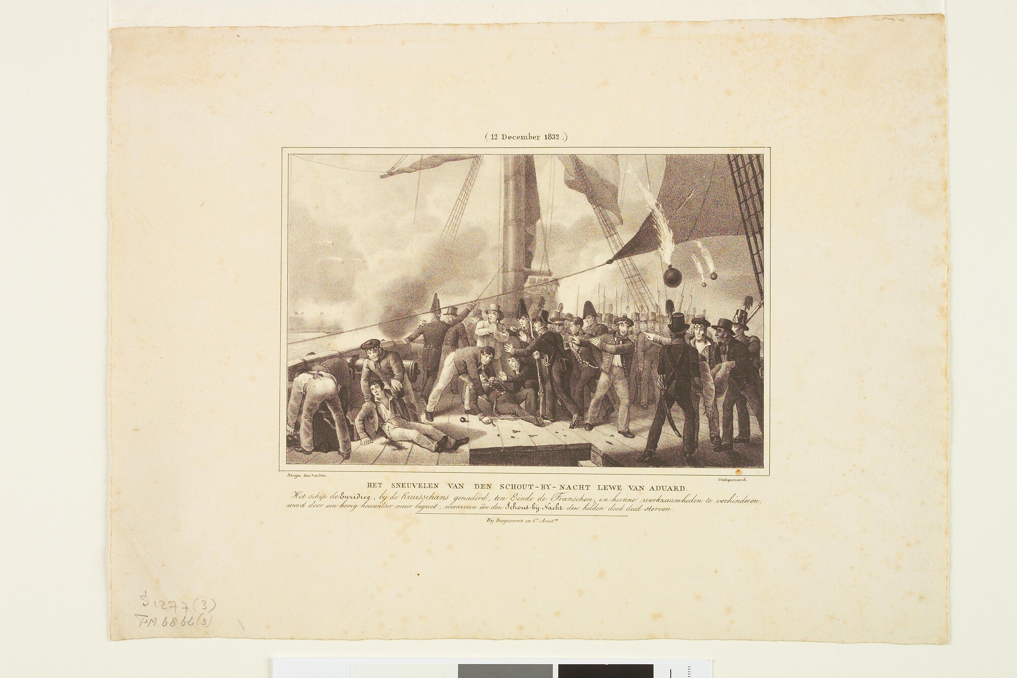 S.1277(03)6m; Het beleg van de citadel van Antwerpen: de dood van de Schout-bij-Nacht Lewe van Aduard op het schip Euridice; prent