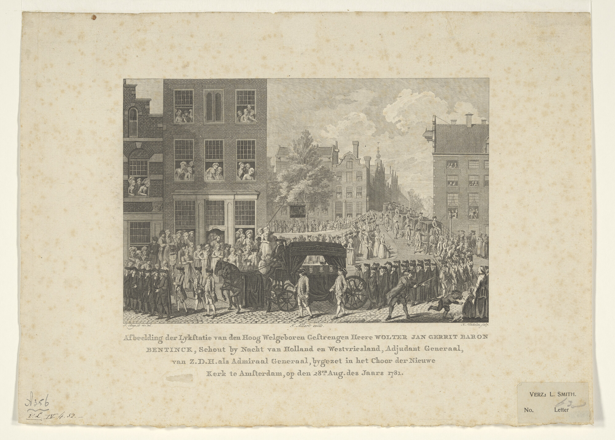 A.0356(27)2; De lijkstatie van Schout-bij-Nacht Wolter Jan Gerrit baron Bentinck op de Klovenierburgwal; prent