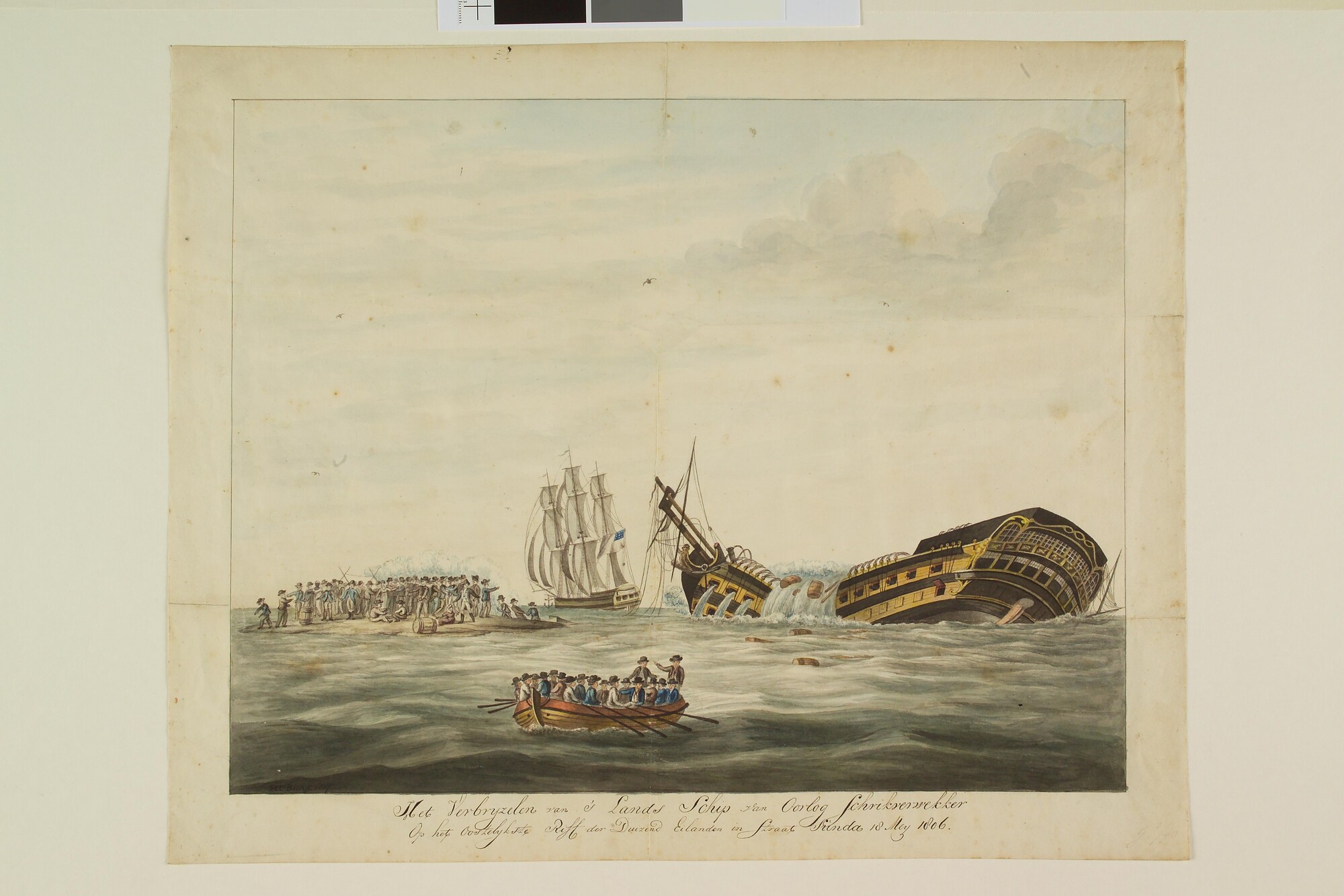 S.1603(39); Schipbreuk van het oorlogsschip 'Schrikverwekker', 1806; tekening