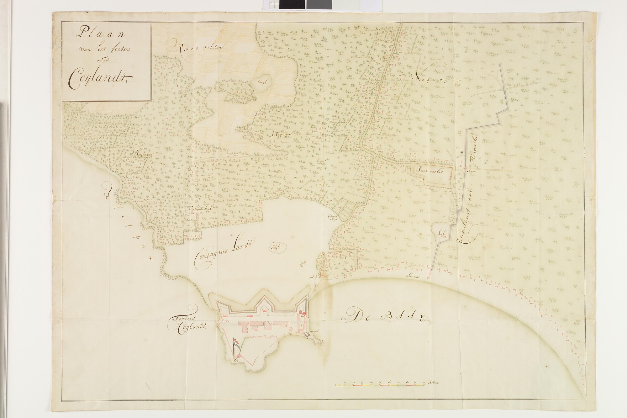 A.2444(06); Gekleurde handschriftkaart van fort Coijlandt in Malabar; landkaart
