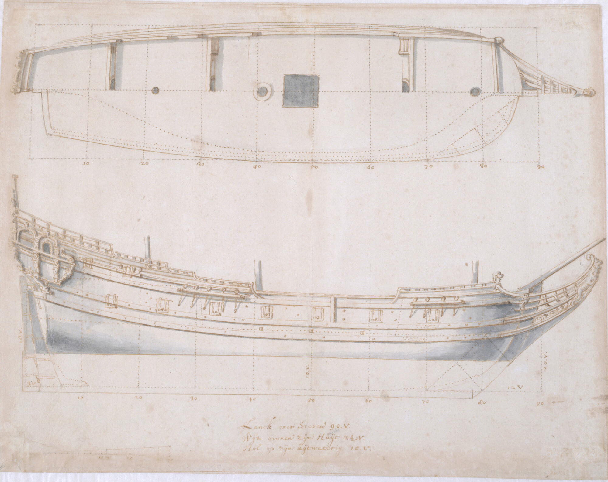 A.0149(0861); Zij- en bovenaanzicht van een pinas van 90 voet; technische tekening