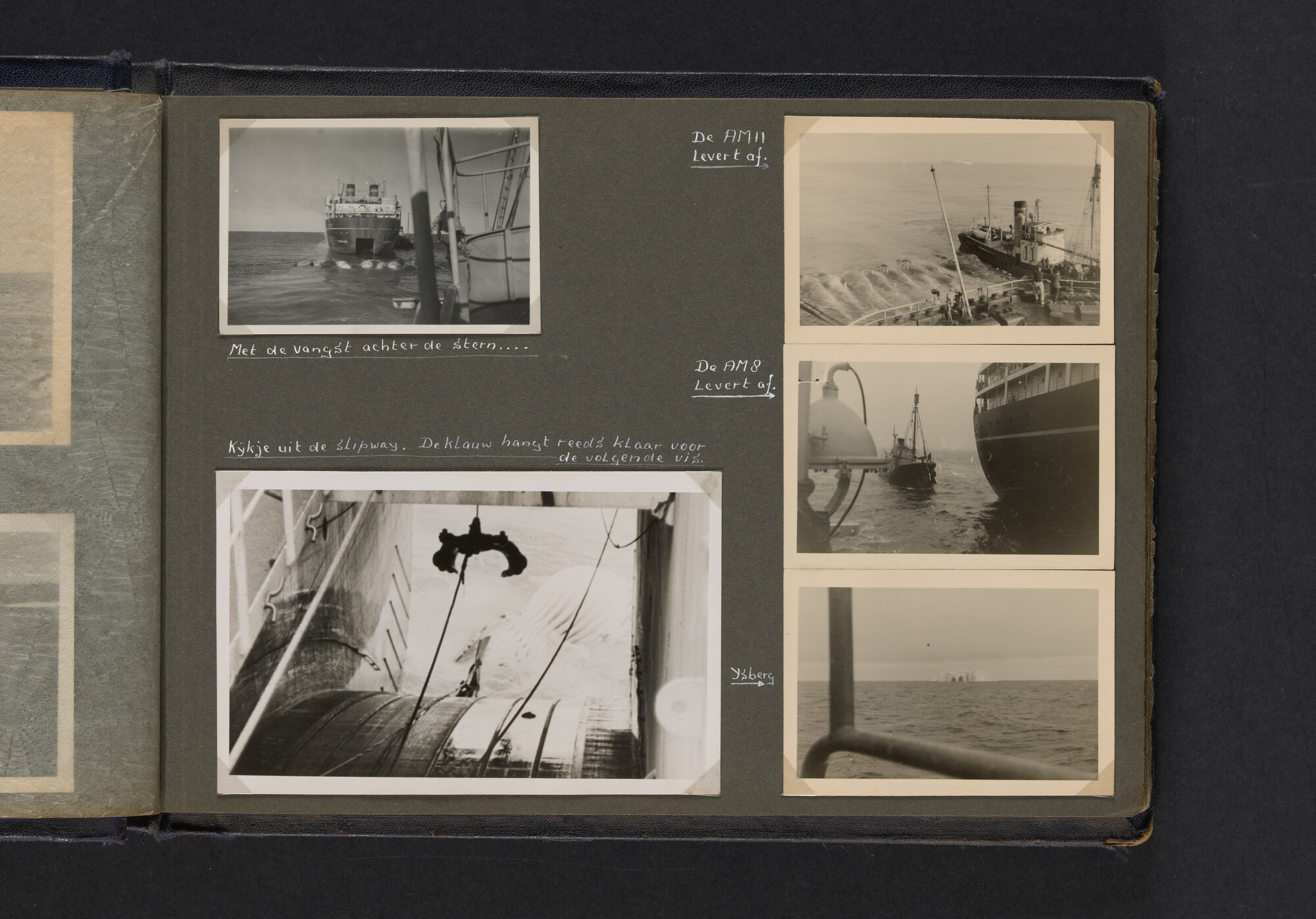 2021.0009; Fotoalbum van Joost Ossewaarde, 4e radiotelegrafist op walvismoederschip Willem Barendsz (II) en walvisjagers, met foto's van vangstseizoenen 1955-1956 en 1956-1957.; fotoalbum