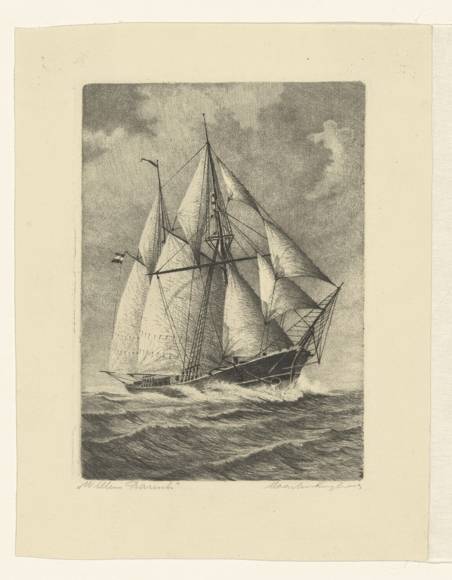 S.2746; De schoener 'Willem Barents' onder zeil, gezien van stuurboord voor; prent