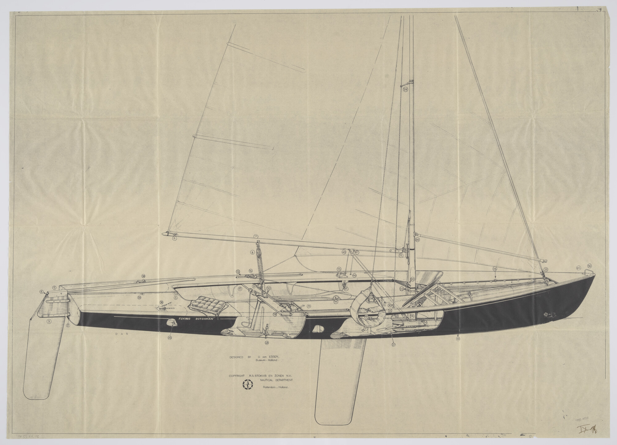 1992.0525; Opengewerkte tekening Flying Dutchman; technische tekening