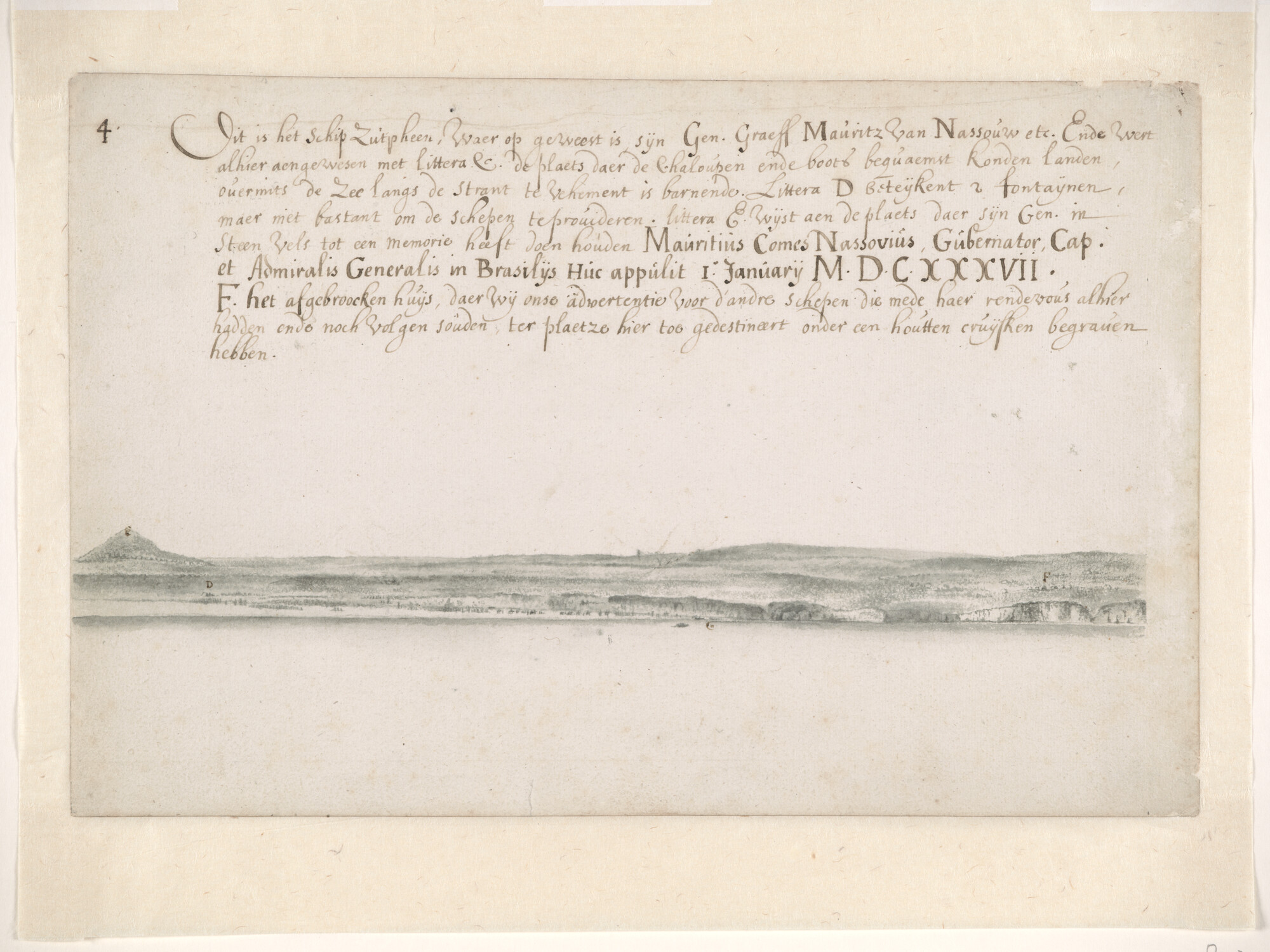 A.3490(03); Deel van een landverkenning van het eiland Maio, één der Kaapverdische Eilanden, vervaardigd tijdens de reis van Johan Maurits van Nassau naar Brazilië; tekening