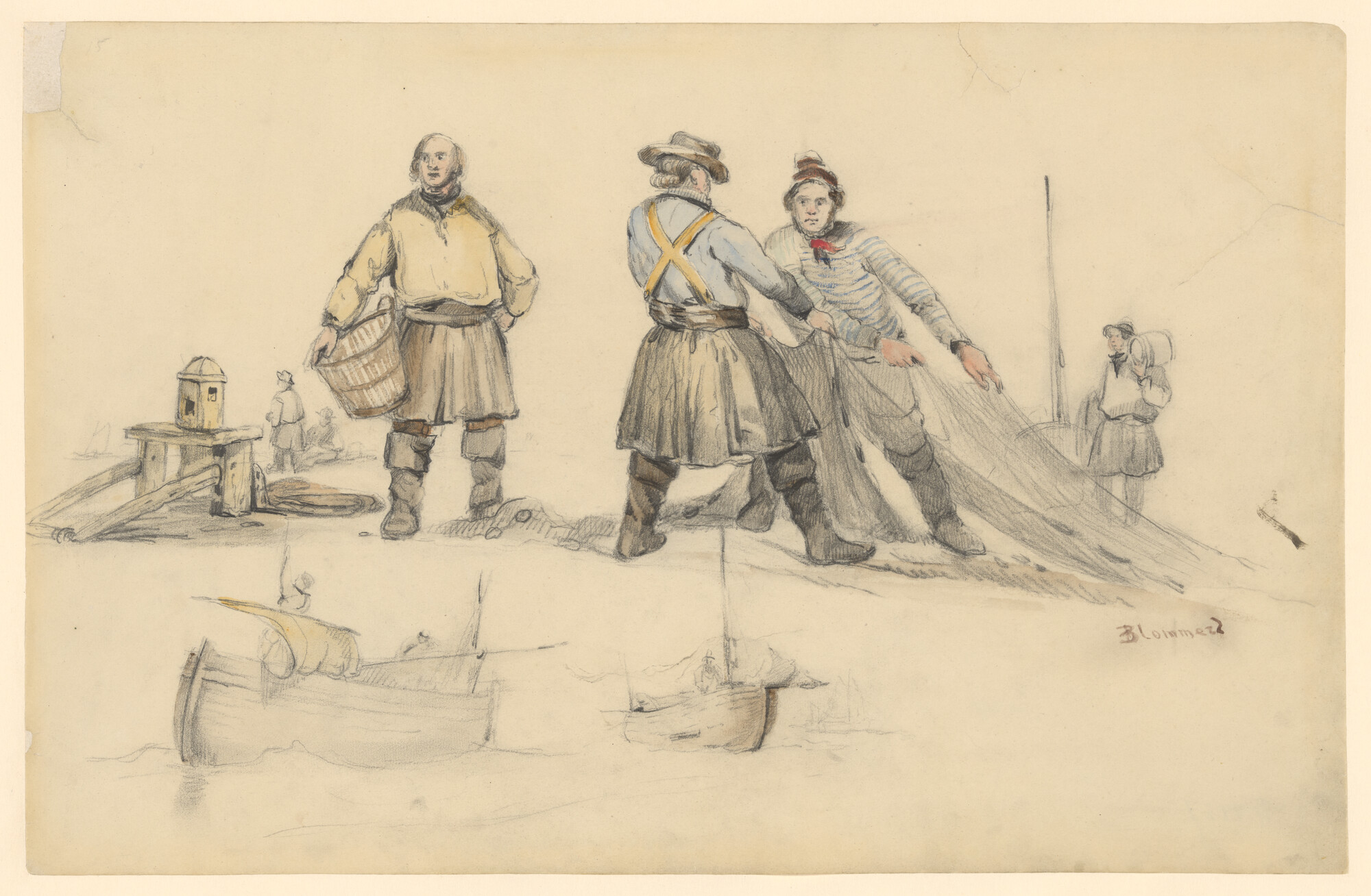 A.4457; Vissers op het strand: twee schetsen van een visserschuit; tekening