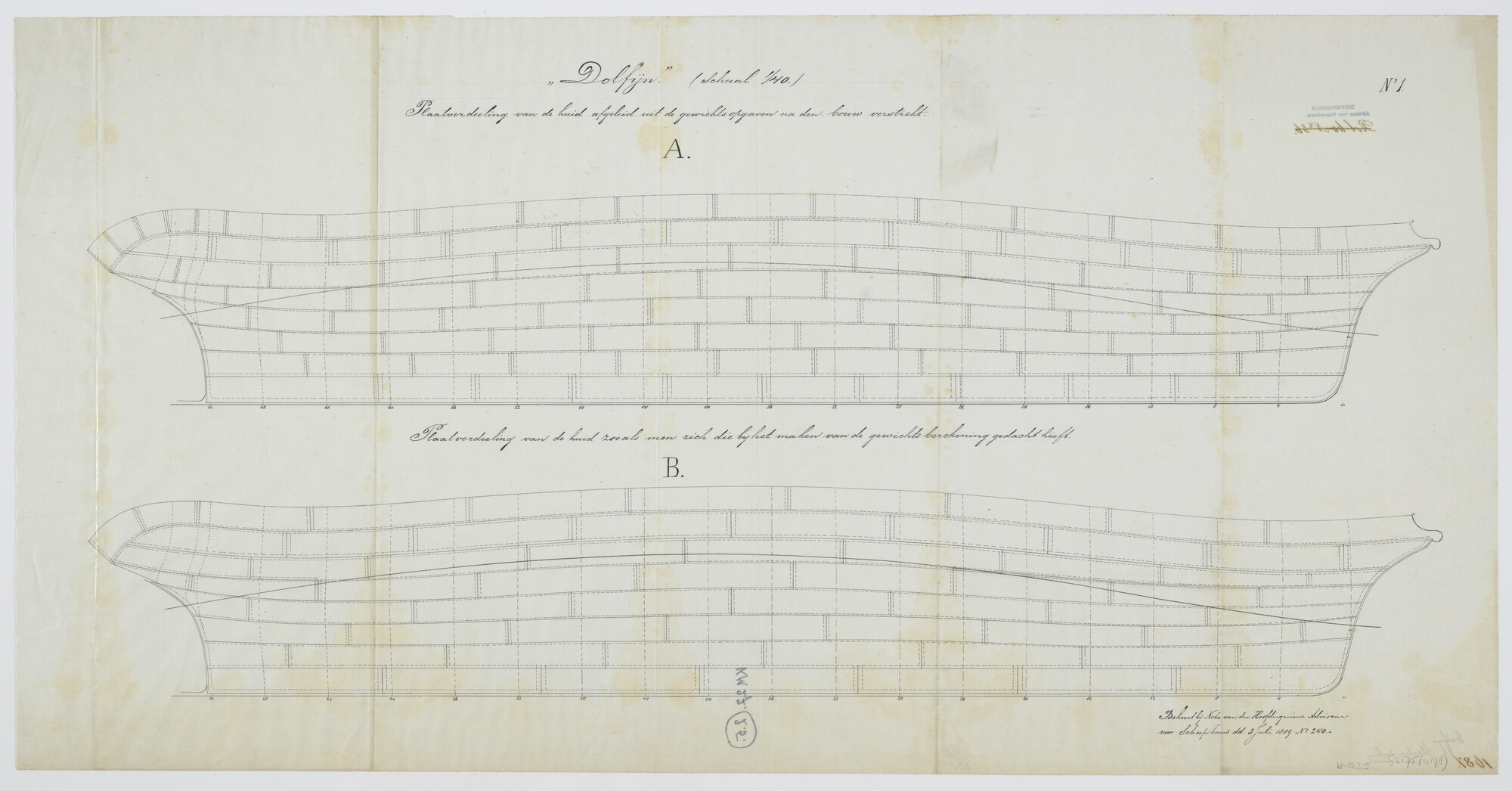 S.2175(4178); Plaatverdeling huid Zr.Ms. 'Dolfijn'; technische tekening