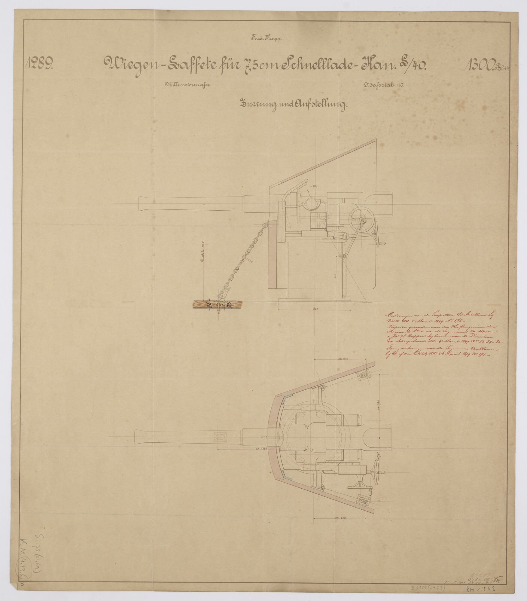 S.2175(0469); Het 7.5cm snelvuurkanon van het pantserdekschip Hr.Ms. 'Noord Brabant'; technische tekening