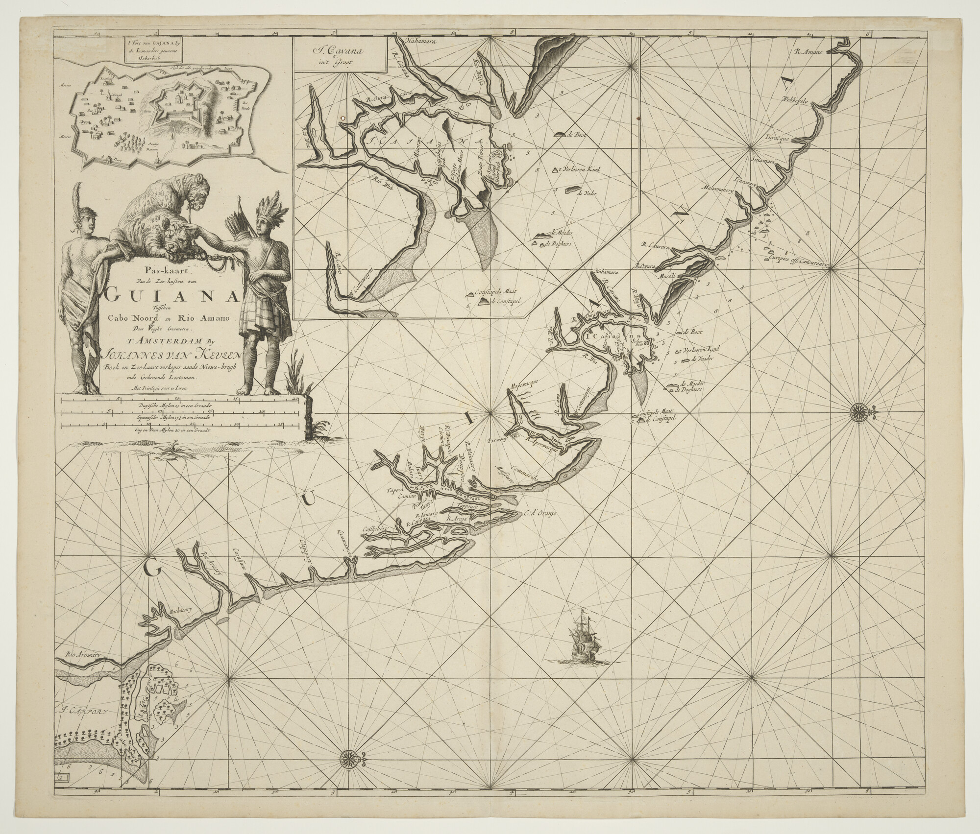 A.0145(212)21; Paskaart van de kust van Guiana tussen Kaap Noord en Rio Amano, door Claas Jansz. Vooght; zeekaart