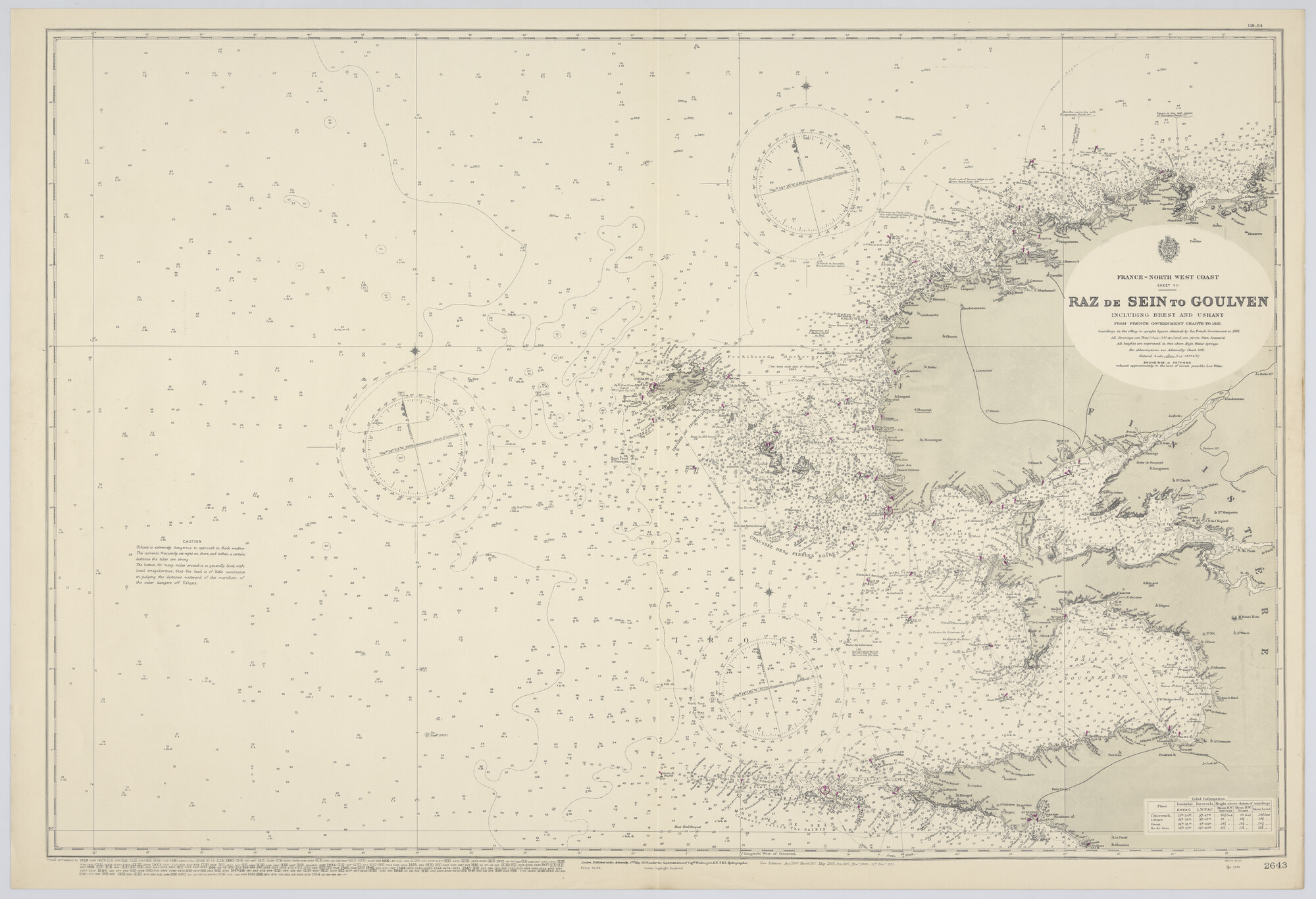 2016.2780; Zeekaart van de Franse noordwestkust tussen Raz de Sein en Goulven met de toegang tot Brest; kaart