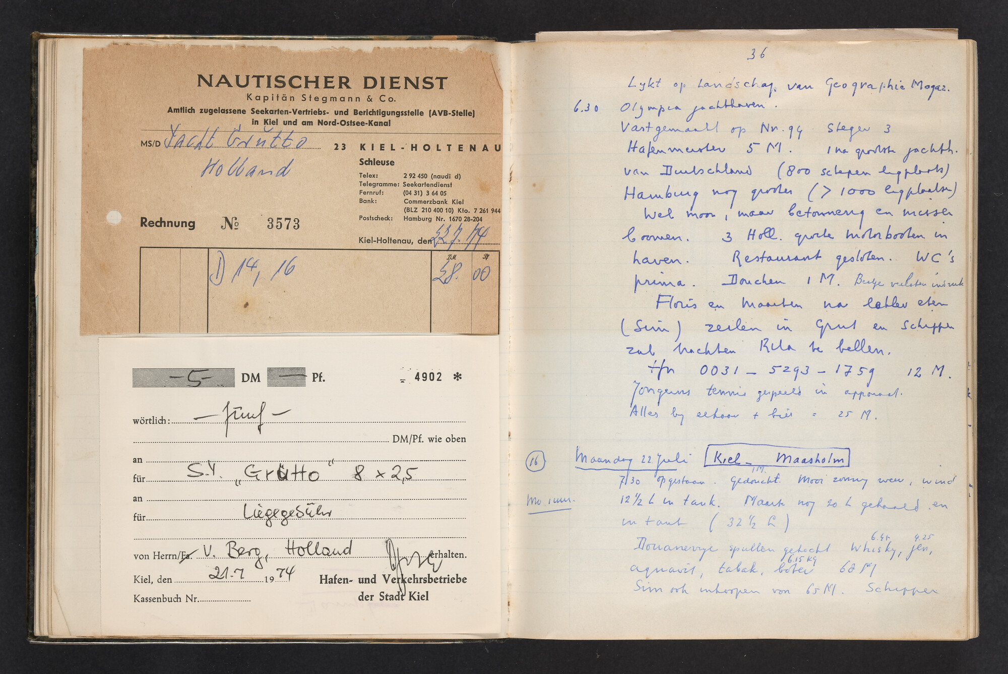 2017.0802; Logboek c.q. fotoalbum van reizen met zeeschouw Grutto (II) in Nederland, Duitsland en Denemarken, 1973-1974; logboek