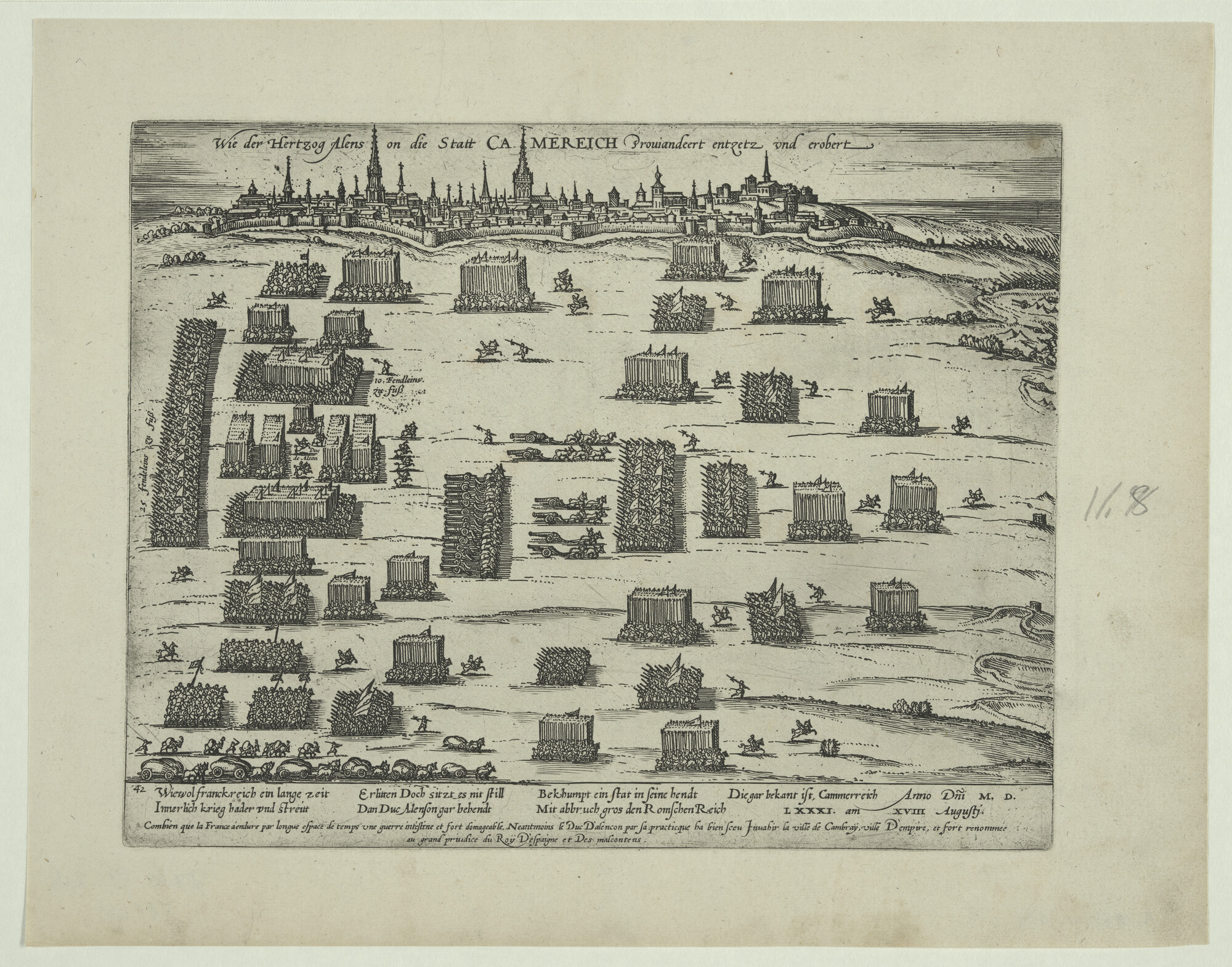 A.0145(027)209; Kamerijk door de Fransen geproviandeerd, ontzet, 18 augustus 1581; prent
