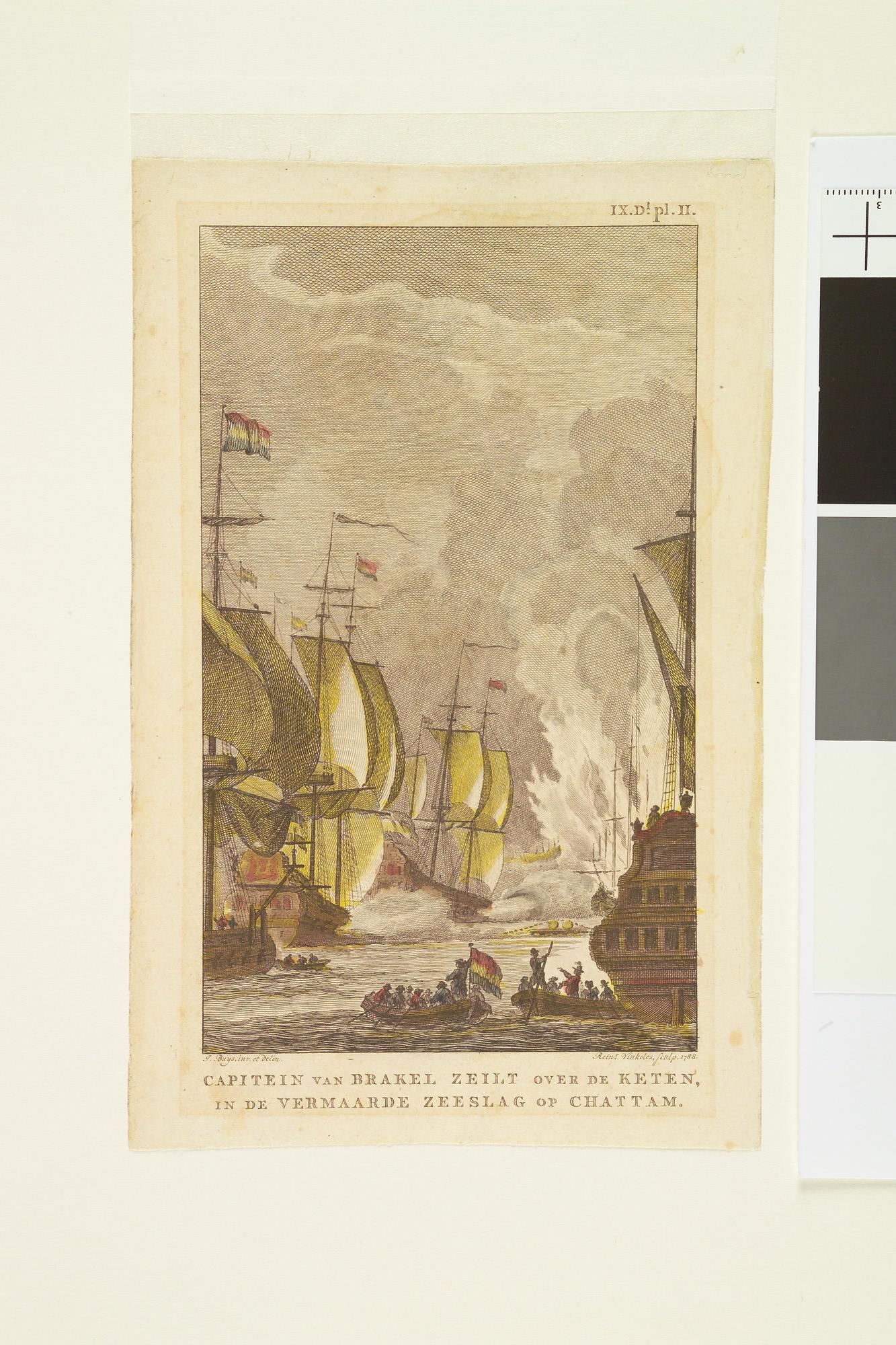 NII [volgnr. 00477]; Kapitein van Brakel zeilt over de keten, in de vermaarde zeeslag op Chattam; prent