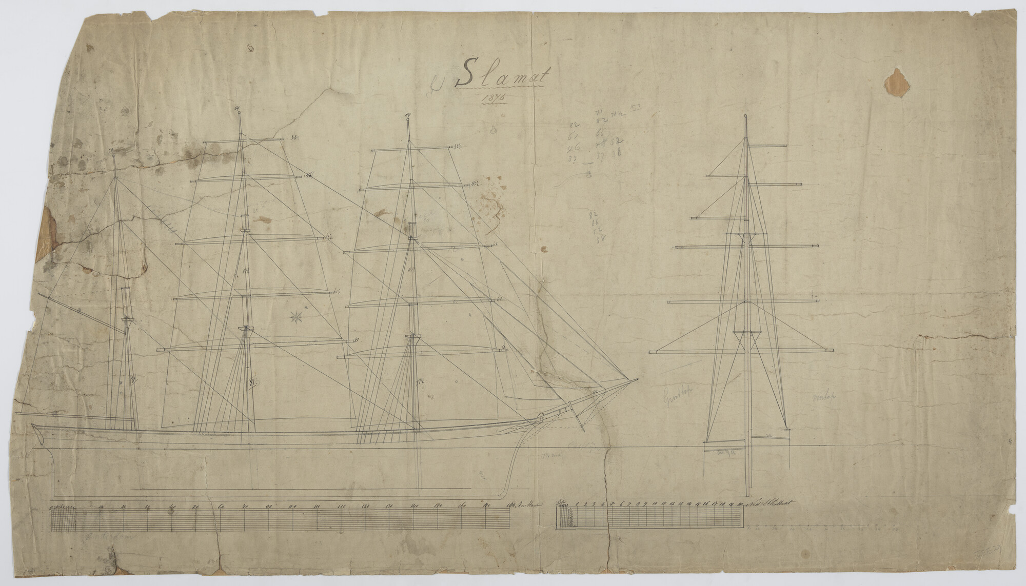 S.1156(05)0041; Tuigtekening van de klipperbark 'Slamat'; technische tekening