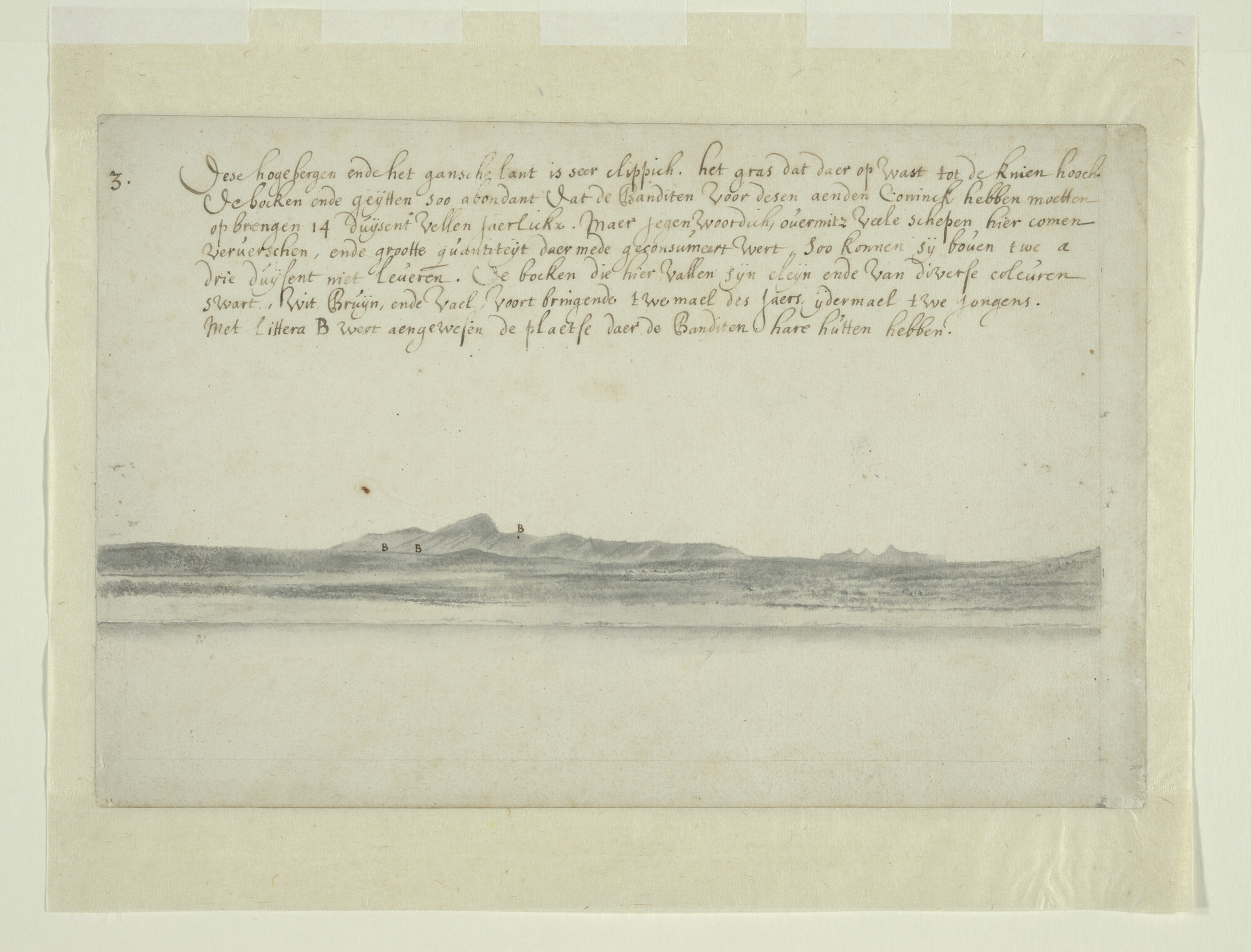 A.3490(02); Deel van een landverkenning van het eiland Maio, één der Kaapverdische Eilanden, vervaardigd tijdens de reis van Johan Maurits van Nassau naar Brazilië; tekening