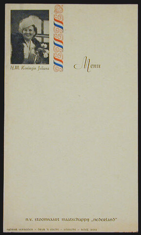 1998.1895; Blanco menukaart gebruikt aan boord van schepen van de SMN ter gelegenheid van Koninginnedag op 30 april; menukaart