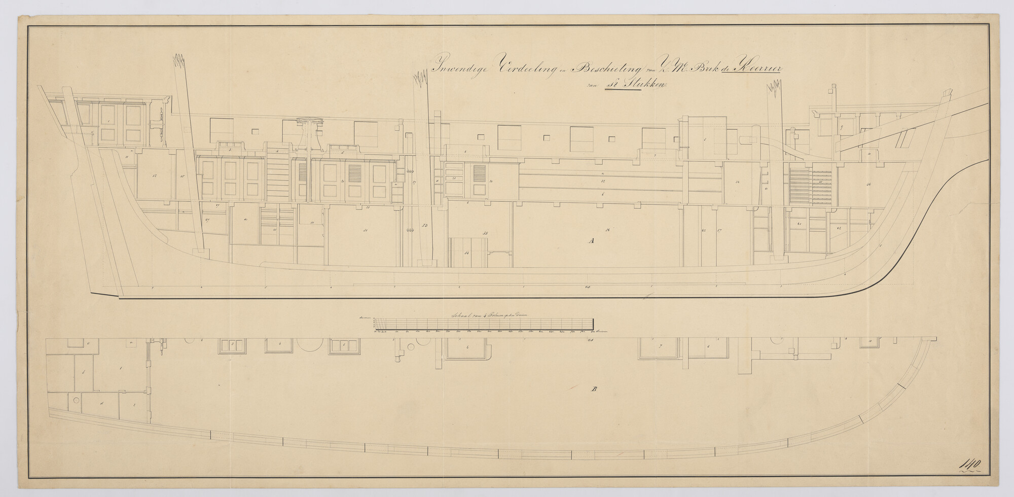 S.1214(0188)a; Indelingsplan van de brik Zr.Ms. 'Koerier' van 18 stukken; technische tekening