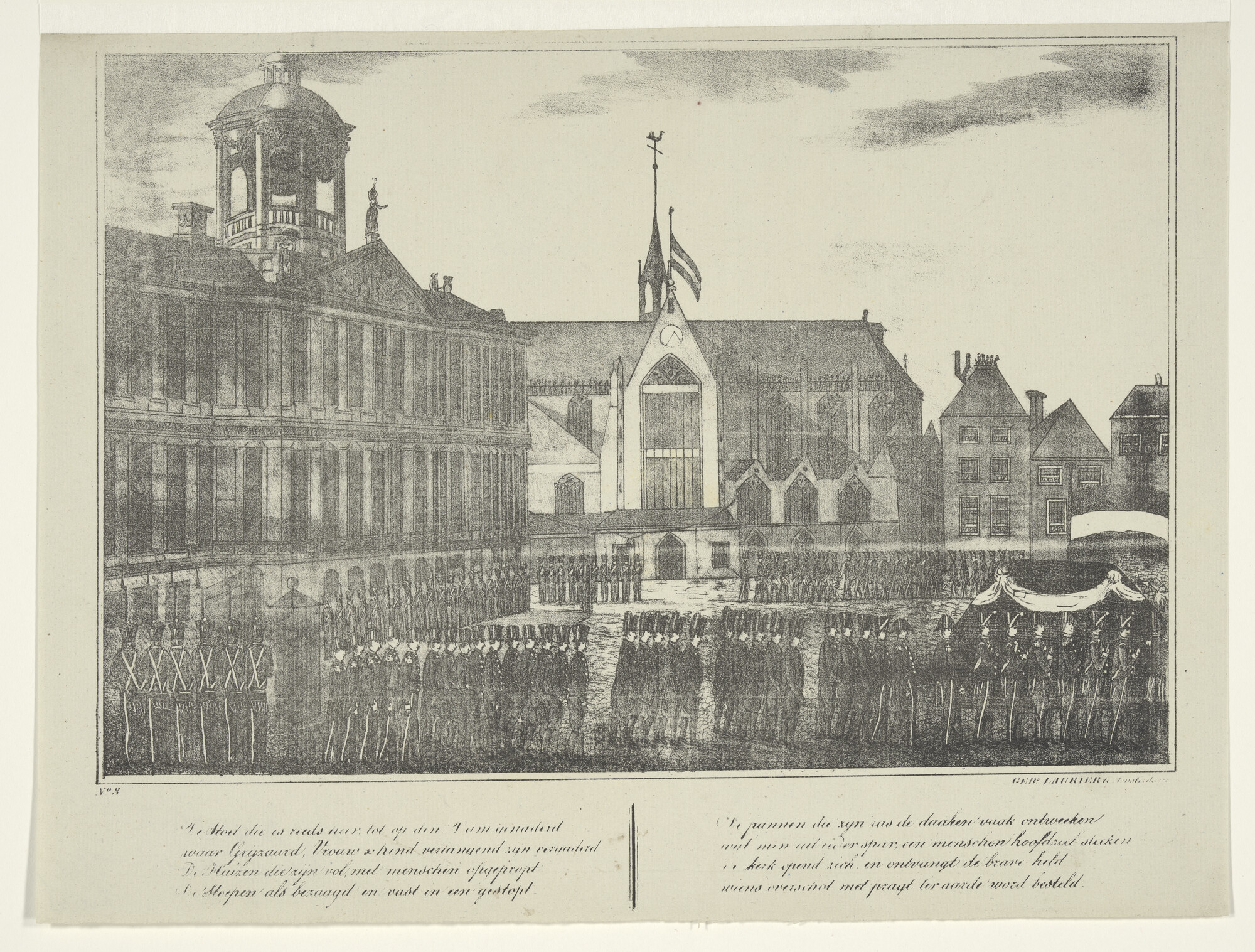 A.0482(03)07; De plechtige lijkvaart van Van Speyk: optocht op de Dam naar de Nieuwe Kerk; prent