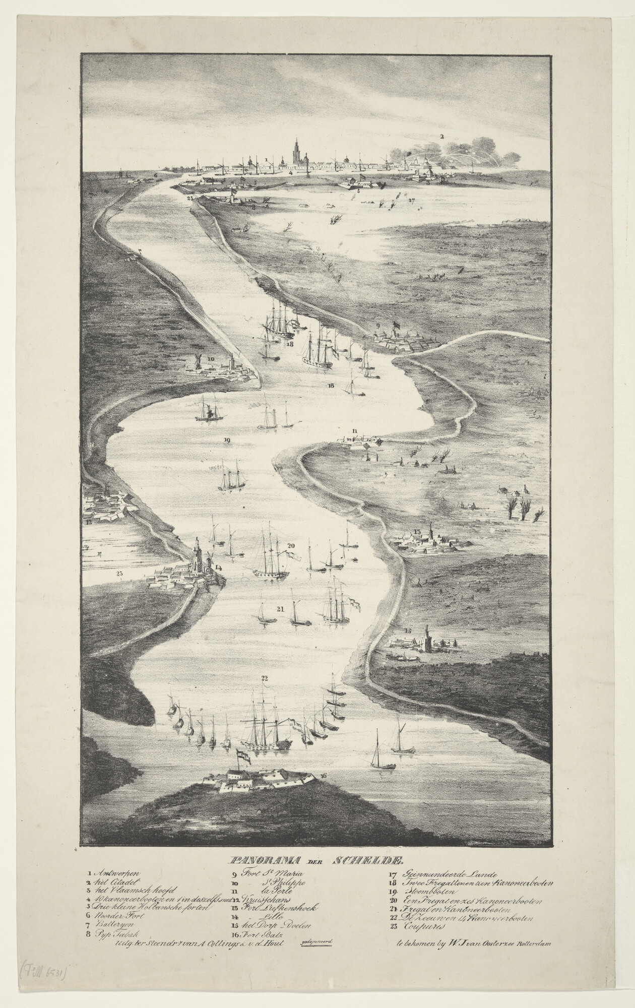 A.3184(02); Panorama van de Schelde: Antwerpen bovenaan, het fort Bath onderaan; prent
